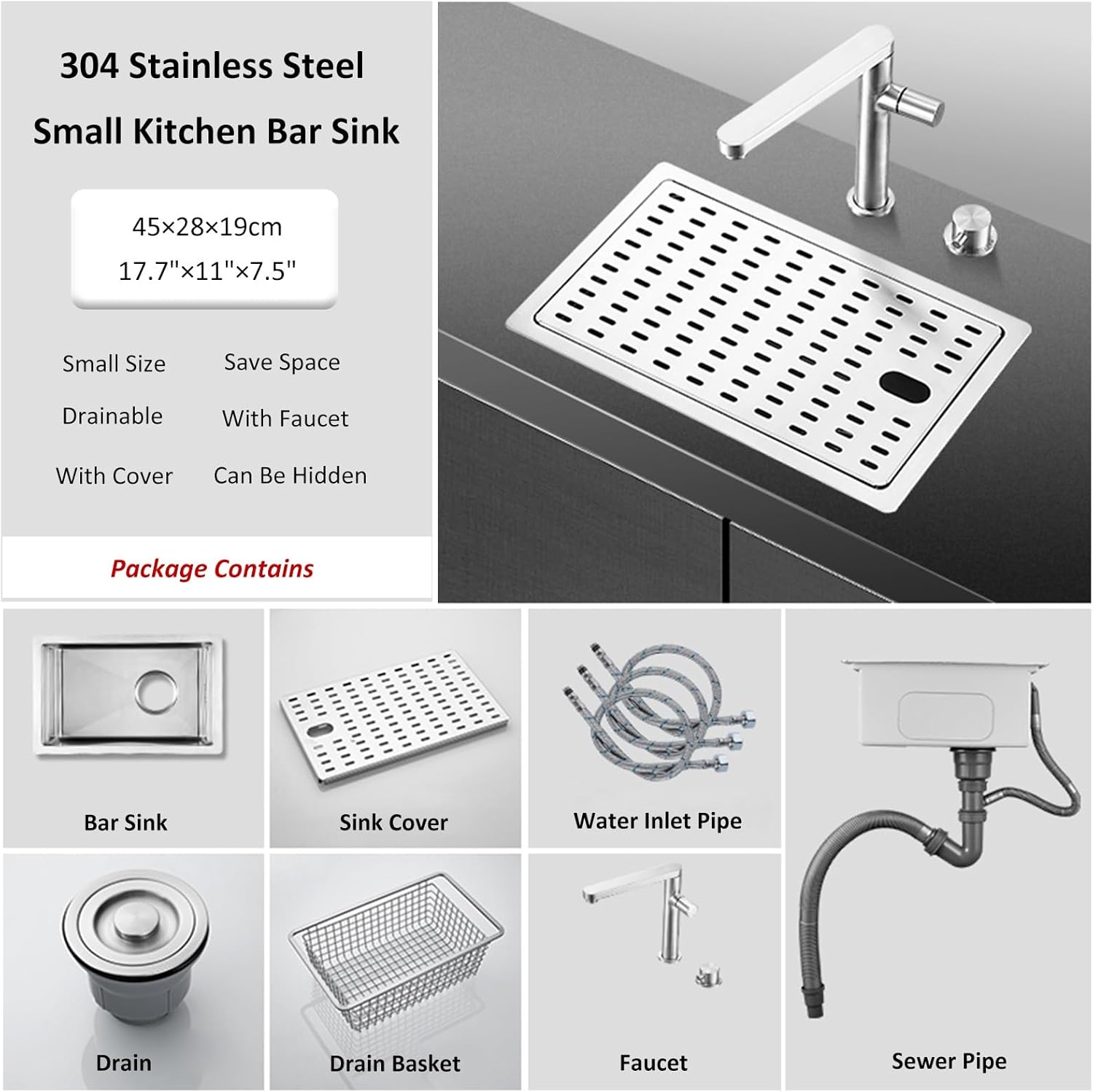 45×28×19Cm Small Kitchen Bar Sink With Faucet, Drainable Sink Cover, Drain Basket And Drain Set, Silver Small Bar Prep Sink, Cup Washing Sink, Utility Sink For Kitchen, Bal,Silver-45x28x19cm