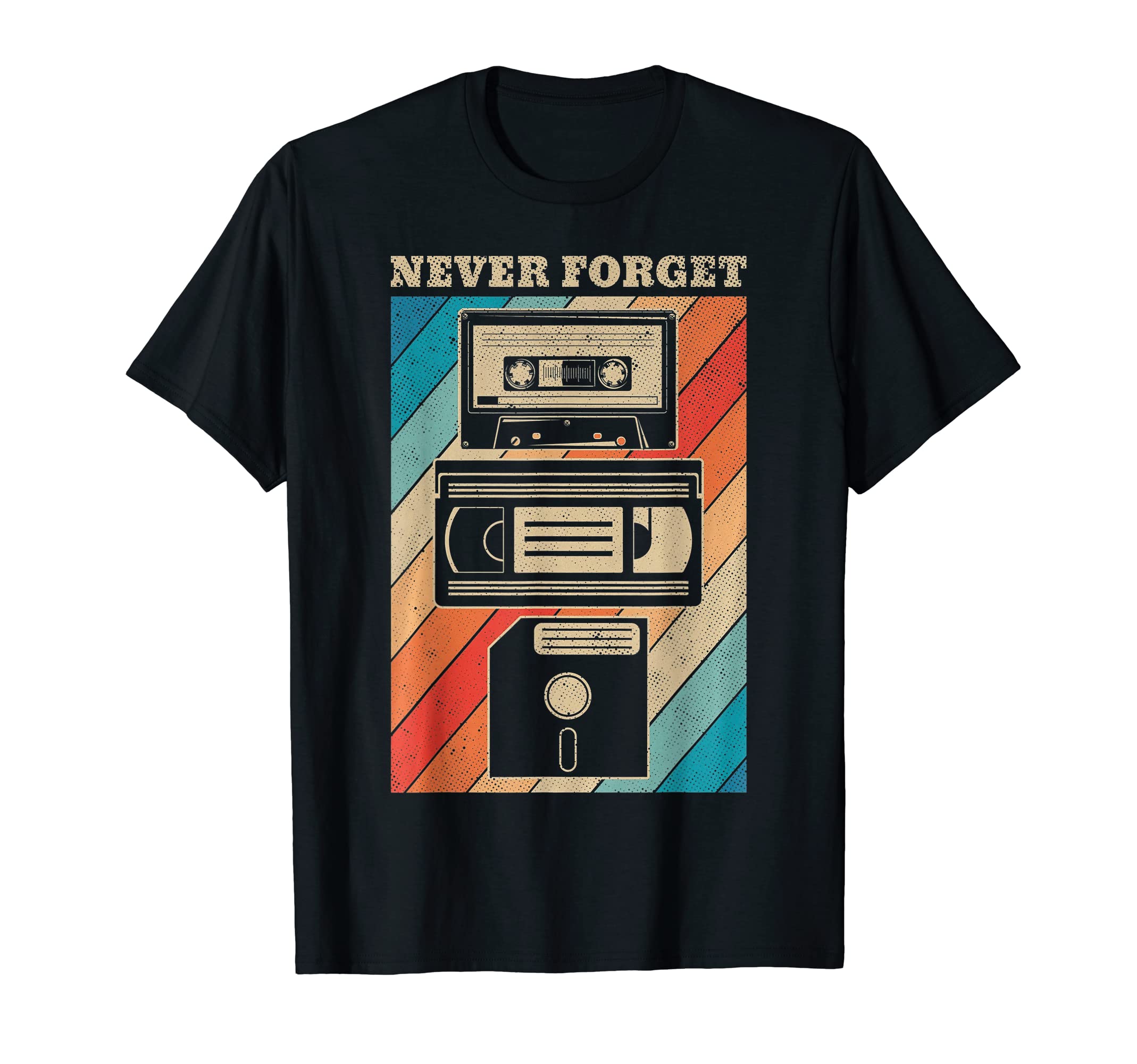 QwerteesNever Forget Vintage Floppy Disk VHS Tape 90s 80s Cassette T-Shirt