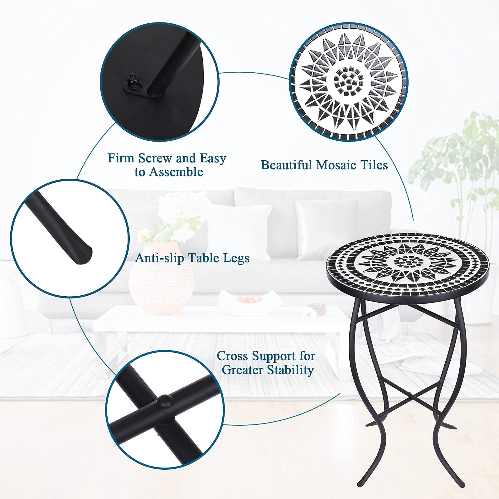 Vipush Mosaic Patio Side Table Outdoor Accent Table Bistro Coffee Table Plant Stand Indoor Folding Round End Table for Small Porch Balcony Backyard,Black
