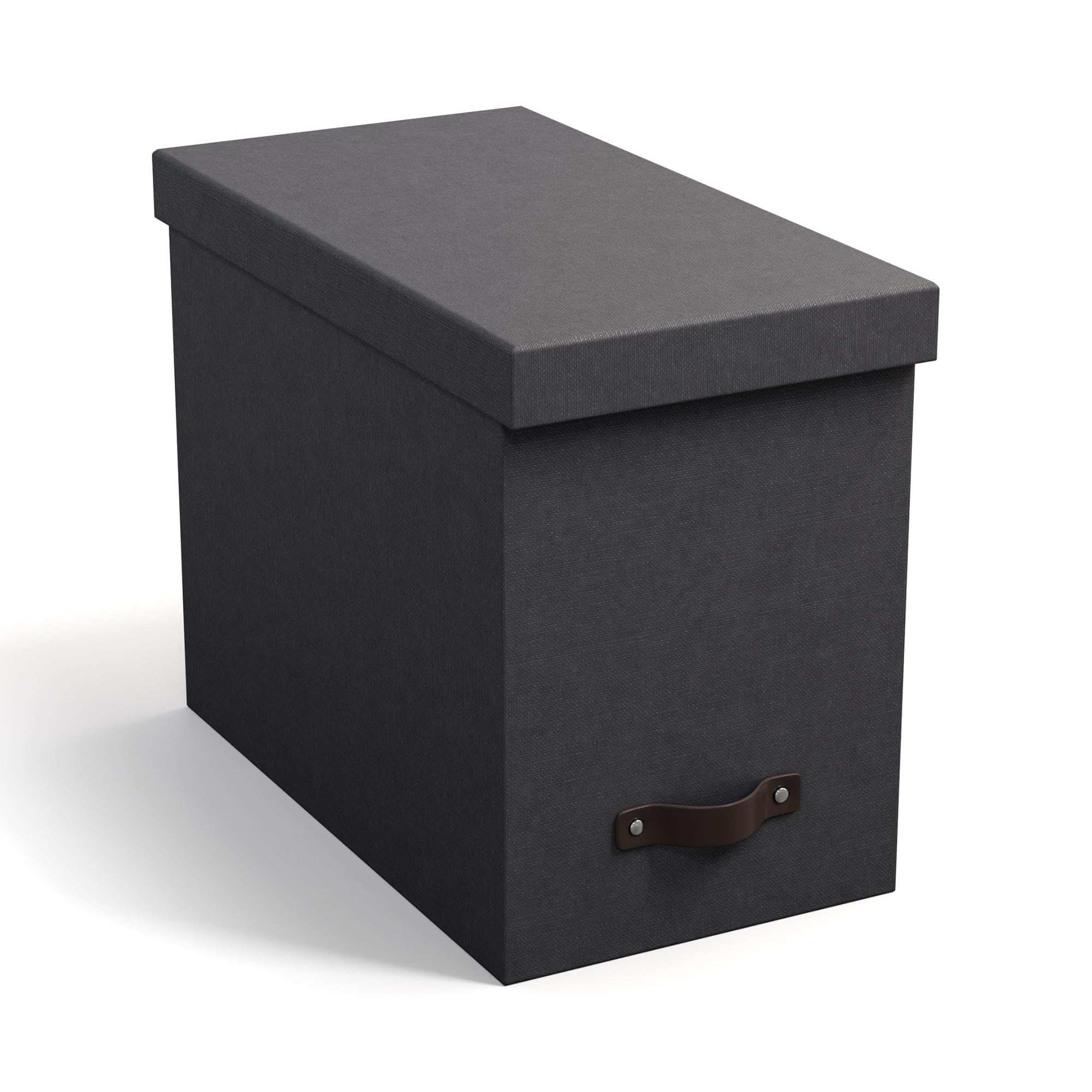 Bigso John Desktop File Box - Storage Solution and Document Organizer for Important Paperwork - Durable Hanging File Box with Lid and Leather Handle - 7.36 in x 13.26 in x 10.51 in - Black