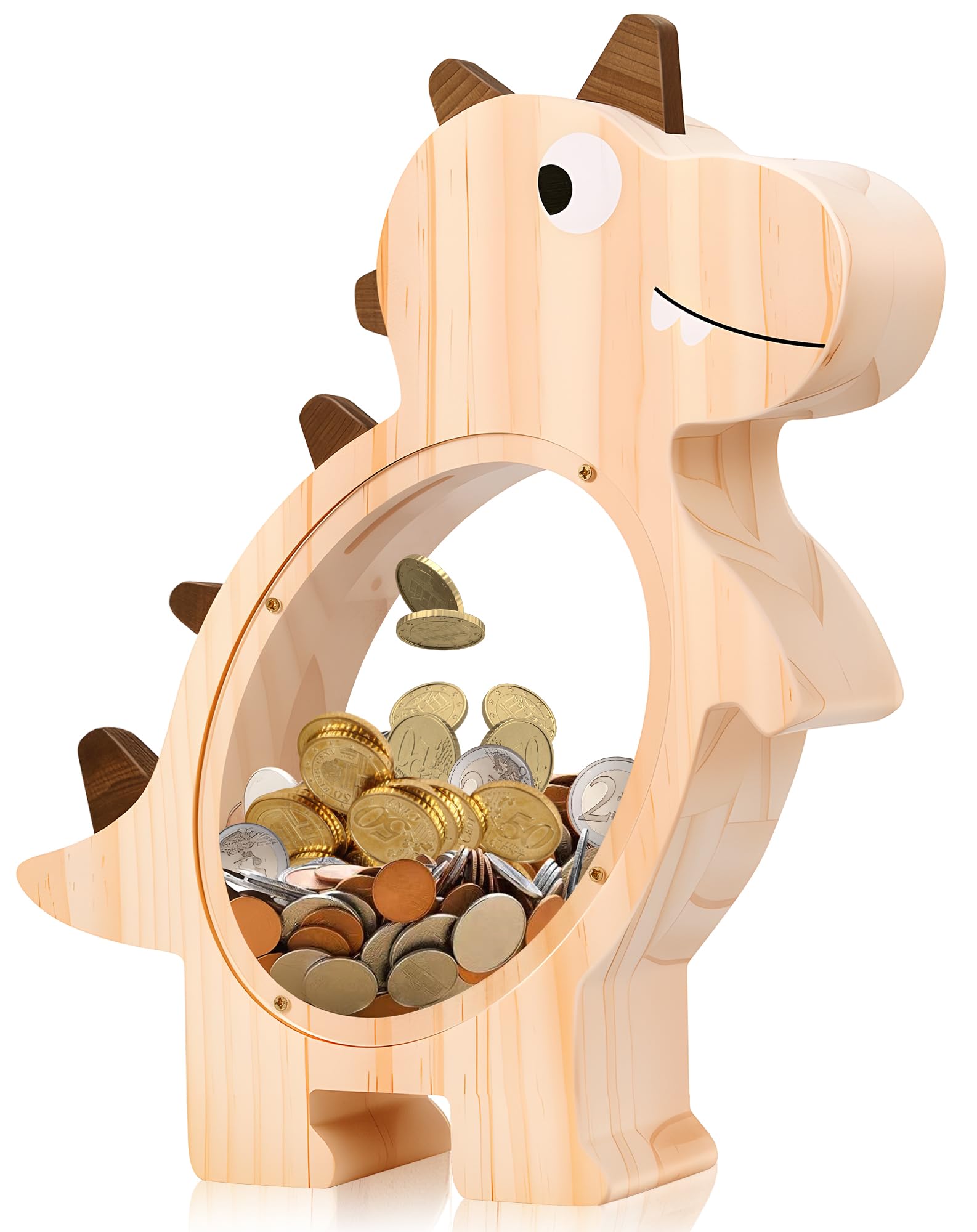 Dinosaur Piggy Bank for Kids,Unbreakable Piggy Bank for Boys Girls,Wooden Personalized Money Bank with Transparent Savings Window, Birthday Gift & Room Decor