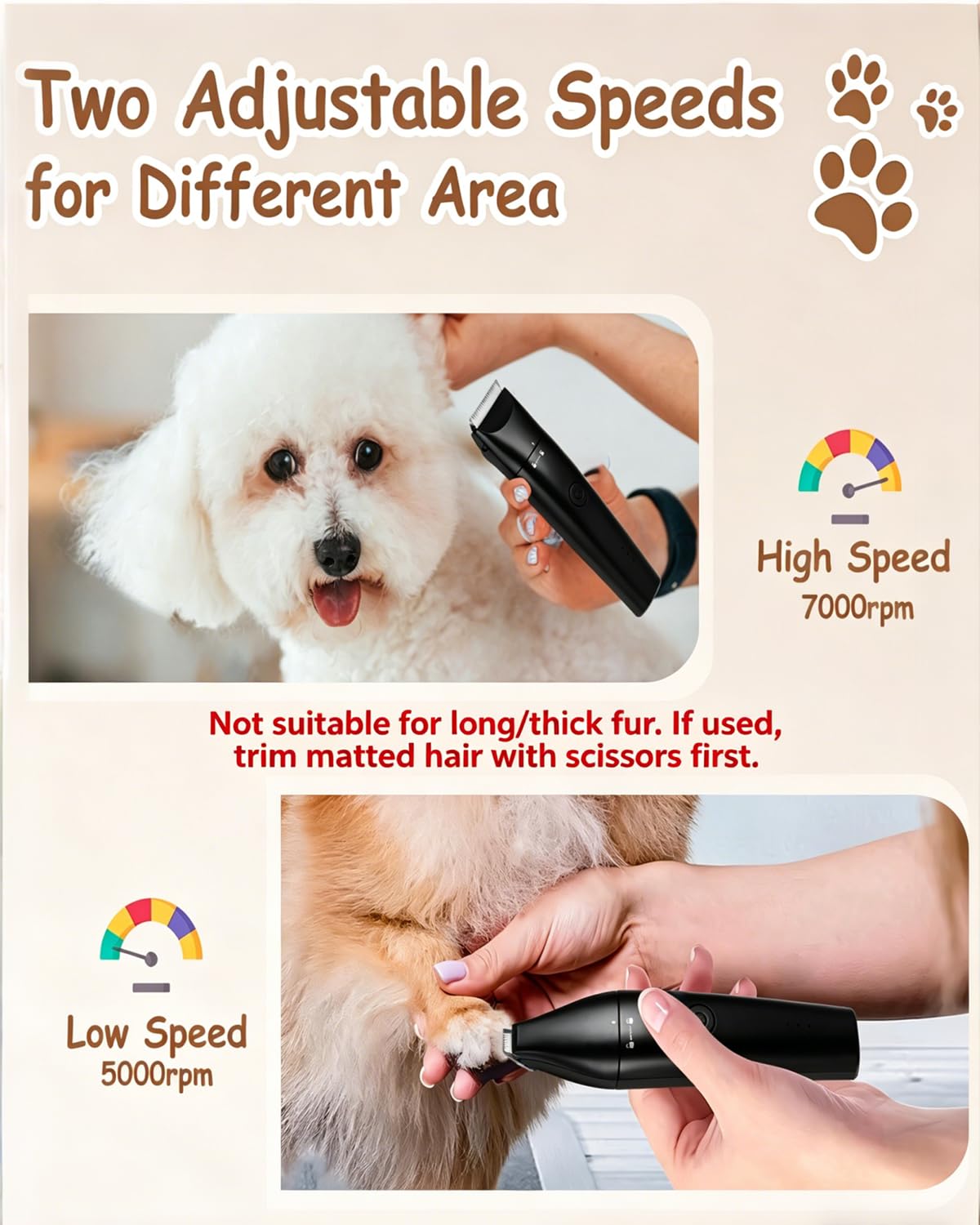 Tondeuse 4 en 1 pour chien pour toilettage de pattes, kit de toilettage pour chien rechargeable USB-C avec deux vitesses, rasoir sans fil pour poils épais pour caniche, petits animaux de