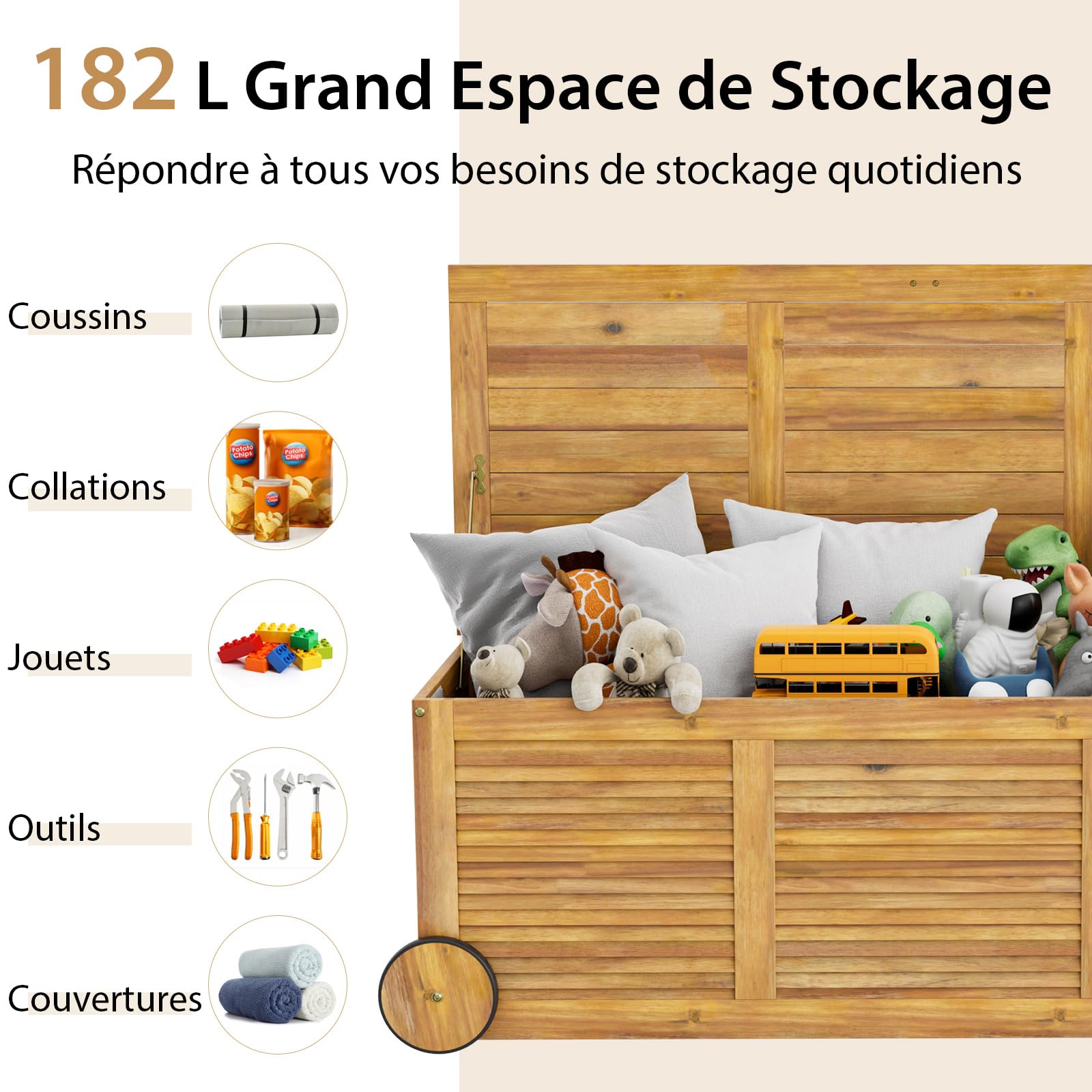 GOPLUS Coffre de Jardin Extérieur 182L Roulant en Bois d'Acacia à 2 Roues, Poignée Latérale, Housse Etanche, pour Coussins,Couvertures,Naturel