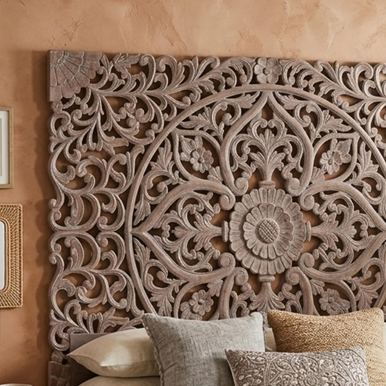 Menzzo Tête de Lit Sculptée Design Chic 180 cm en Bois Sculpté Marron – Décoration Murale Élégante pour Lit King Size