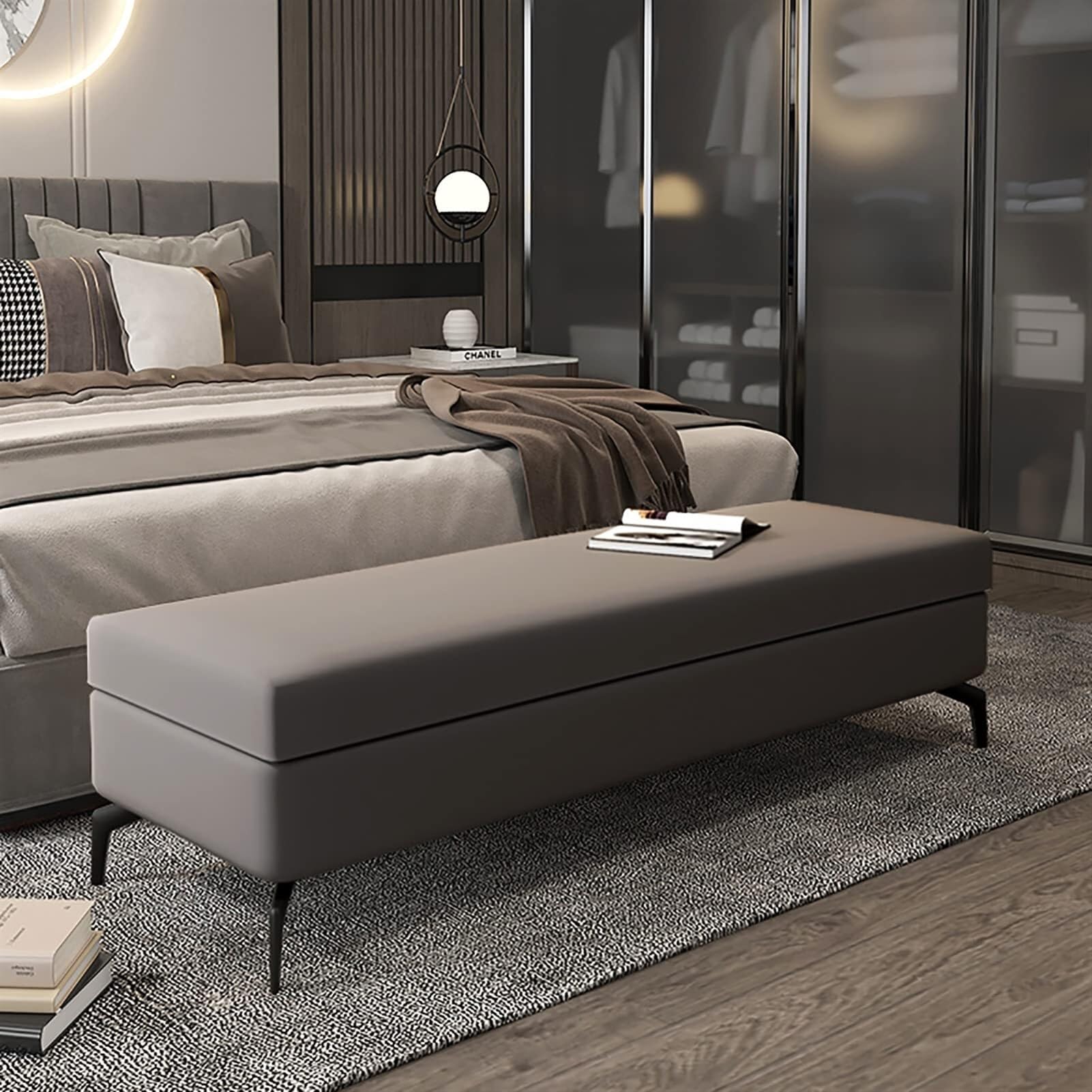 Banc ottoman de rangement en similicuir gris foncé | Bout de lit coffre