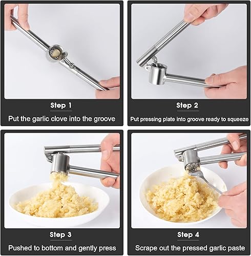 Miniatura 6 de Juego de trituradora y pelador de ajo, acero inoxidable 304, largo, desmontable, a prueba de óxido, diseño de picadora para mayor extracción de ajo,