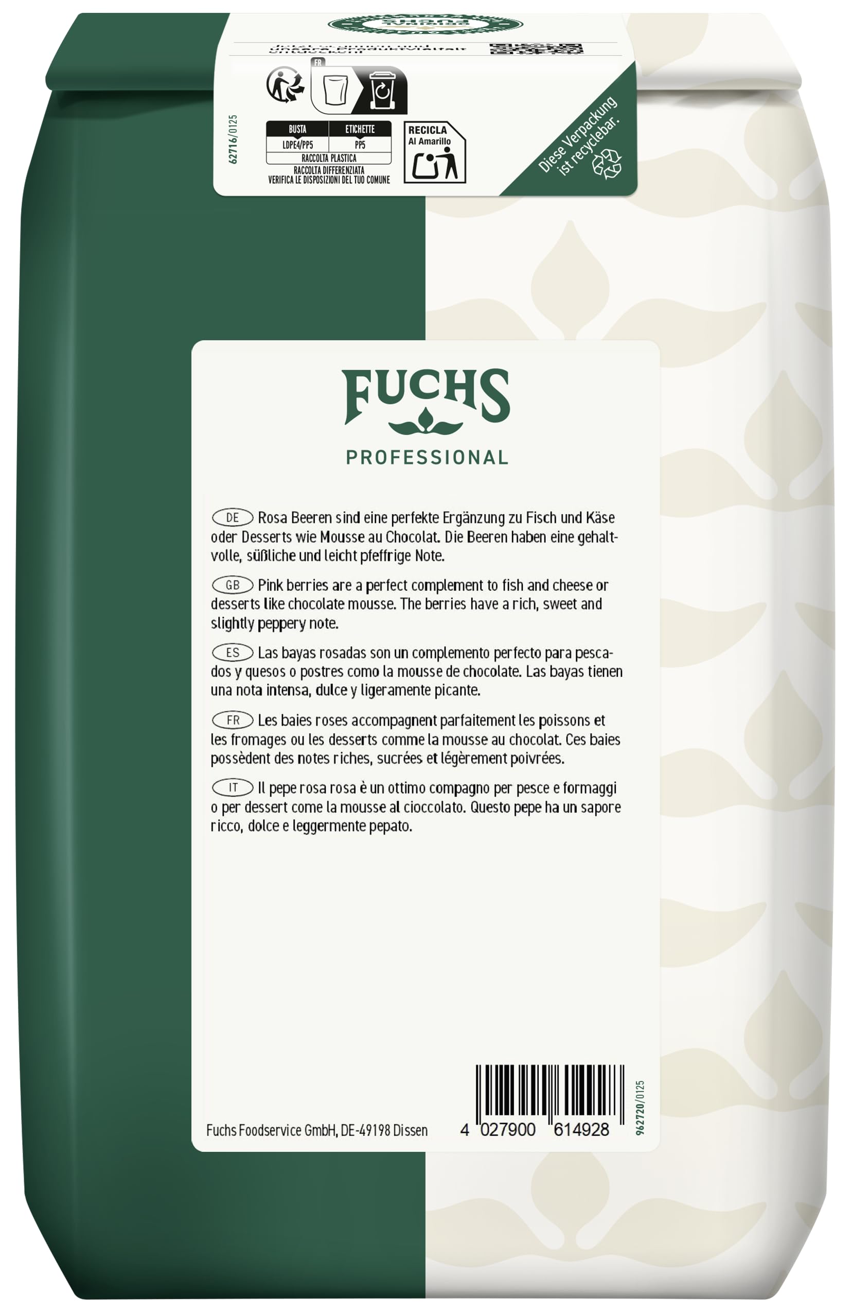 Fuchs Professional - Rosa Beeren ganz | Ungemahlener roter Pfeffer (Schinusfrüchte) | Profi-Qualität für Großverbraucher und Gastronomie | 500 g im recyclebaren Beutel