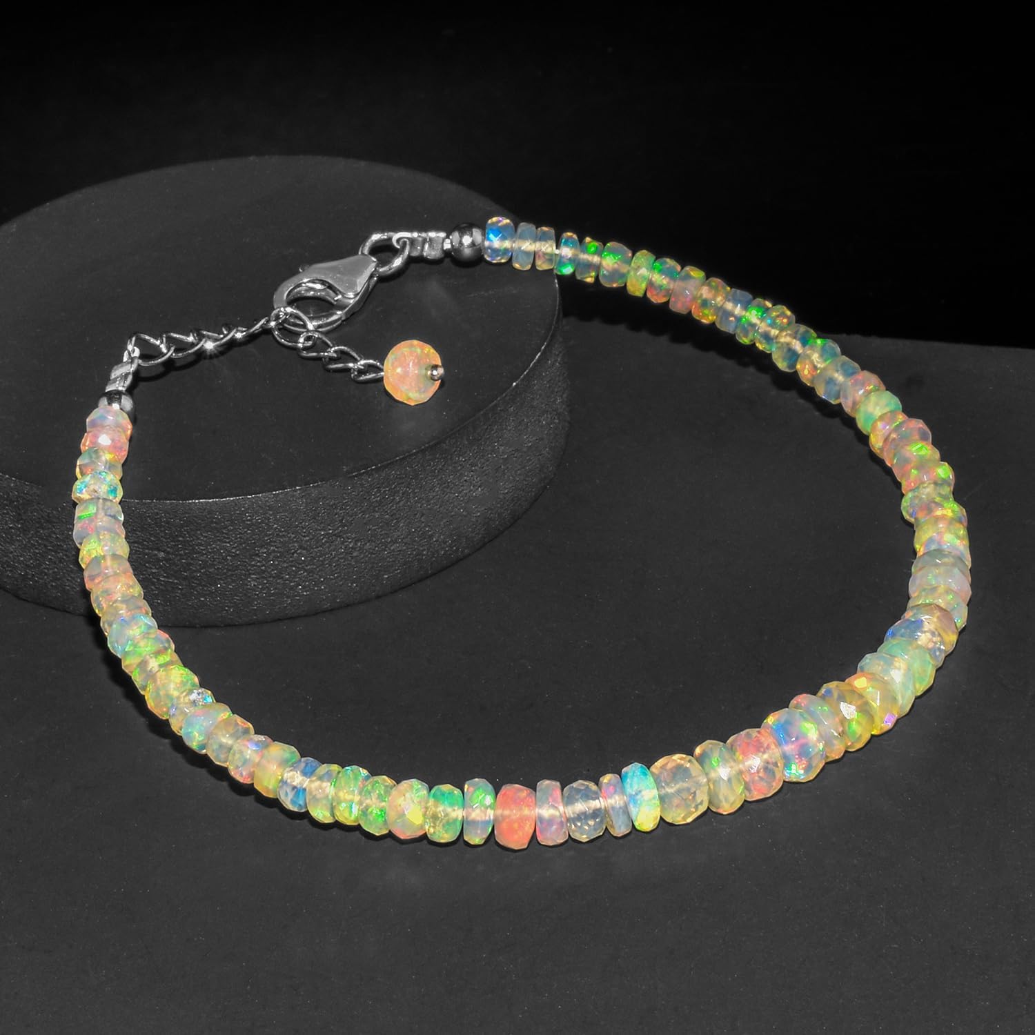 Ethiopian Opal Bracelets for Women Natural Dainty Beaded October Birthstone Crystals And Healing Stones Jewelry, 925 Sterling Silver Chain 8 inch, Statement Minimalist Jewelry For Her