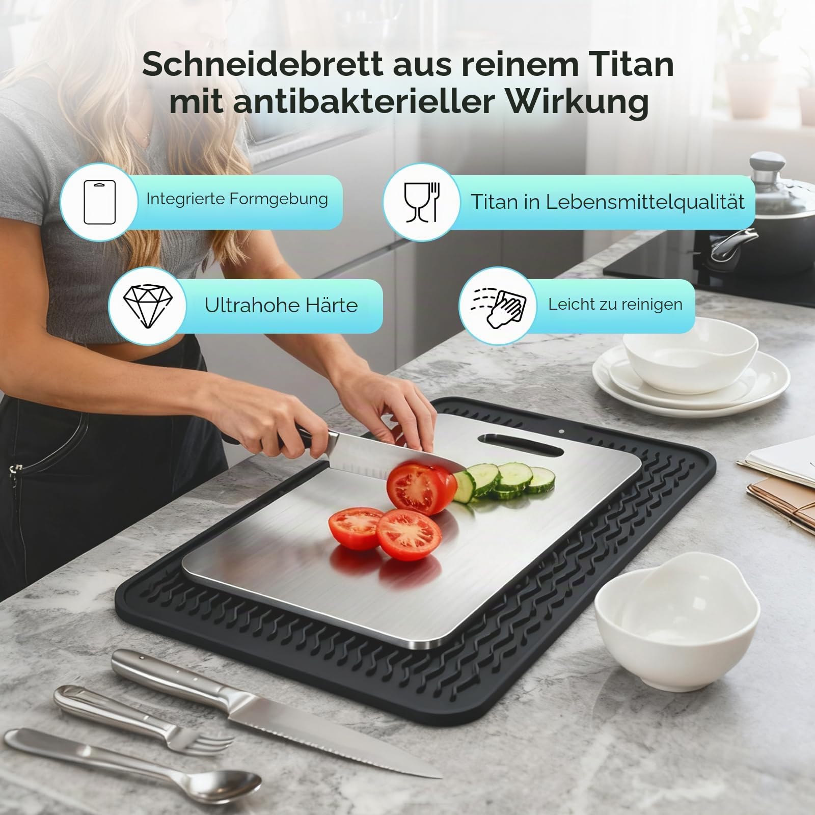 Titan Schneidebrett Set 3-teilig,S316 Schneidebrett Edelstahl,2 mm Verdickt,Mit Anti-Rutsch-Pad,BPA-freies Doppelseitiges Lebensmittel Titanium Cutting Board, ideal für Fleisch, Brot, Gemüse & Obst