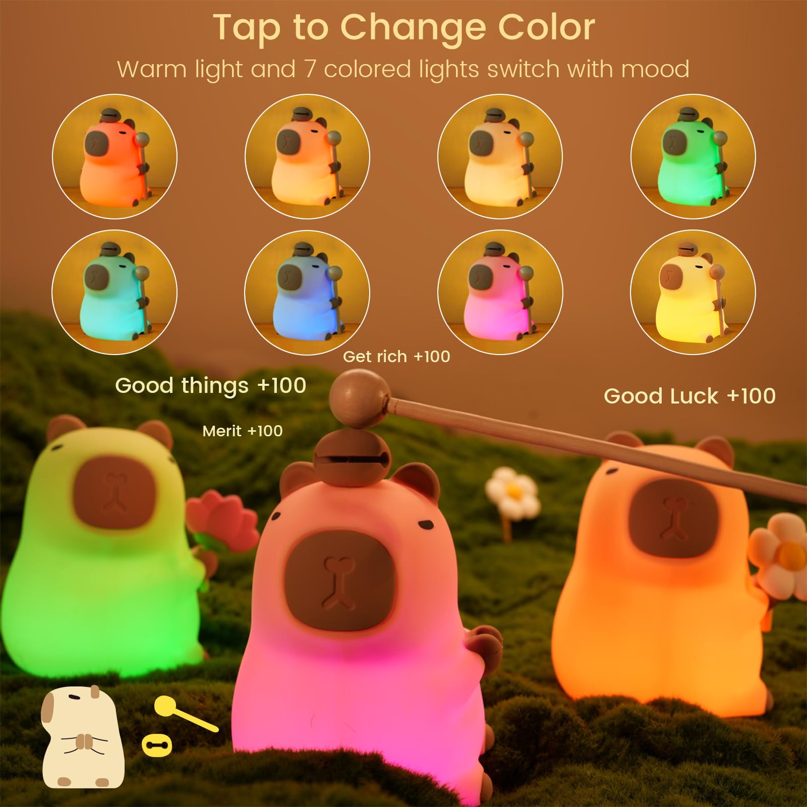 MOKYDUO Capybara Night Light, Nursery Lamp, 7-Color RGB & 3-Level Warm Dimmable Warm, Tap Control, 30Min Timer, 100% Safe &Soft Silicone, Adorable, Soothing Ambiance, Gift for Kids, Detachable Flower