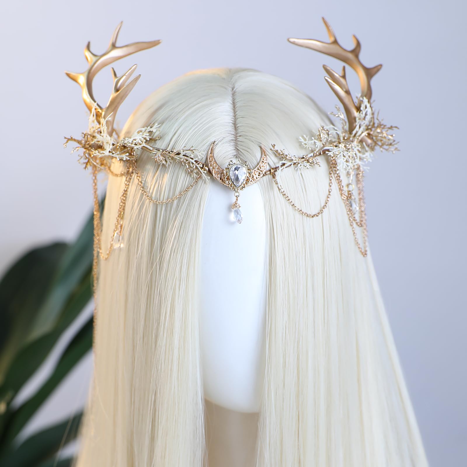 MOSTORY Couronne de fleurs pour costume de chevreuil, couronne de fleurs dorées avec pompon et lune pour cosplay, costume de carnaval