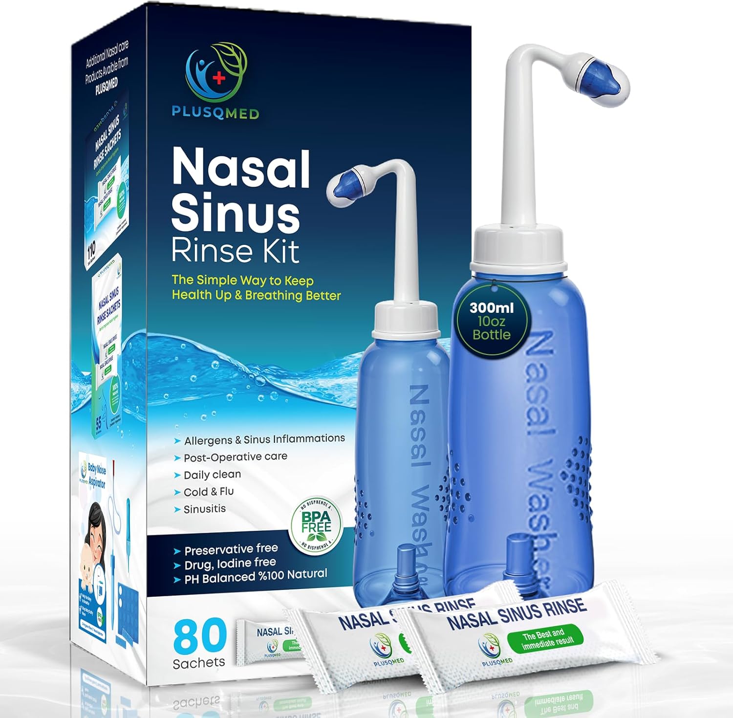Nasal Rinse Kit – 300ml Neti Pot Bottle + 80 Saline Packets – Sinus ...