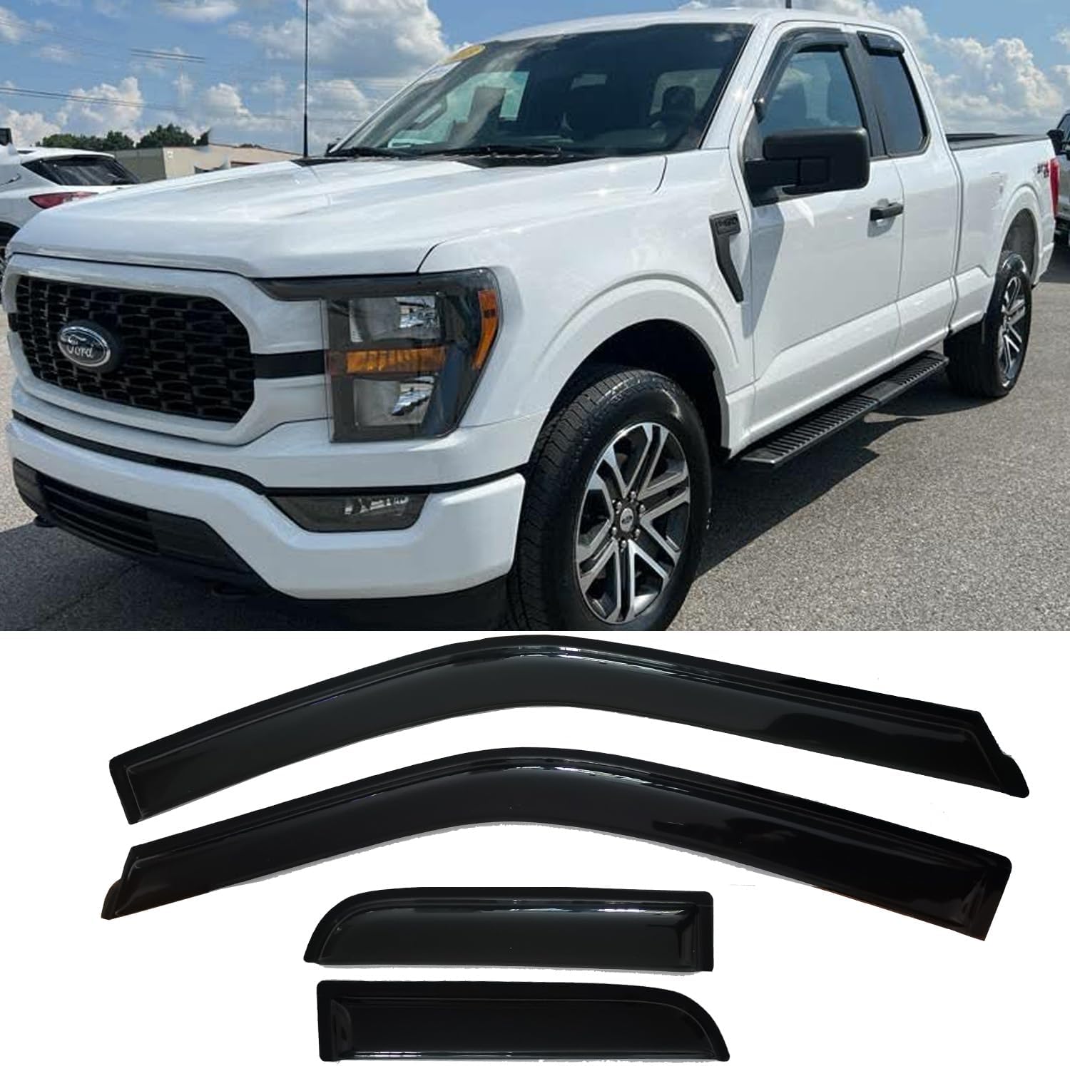 Window Visors Rain Guards Side Wind Deflectors for 2015-2024 Ford F150 Extended Cab/Super Cab 2017-2022 F250/350 SuperDuty Super Cab, Vent Guard Shade Sun 94974 4-Pieces Set 2015-2024 F150 Extended Cab/Super Cab