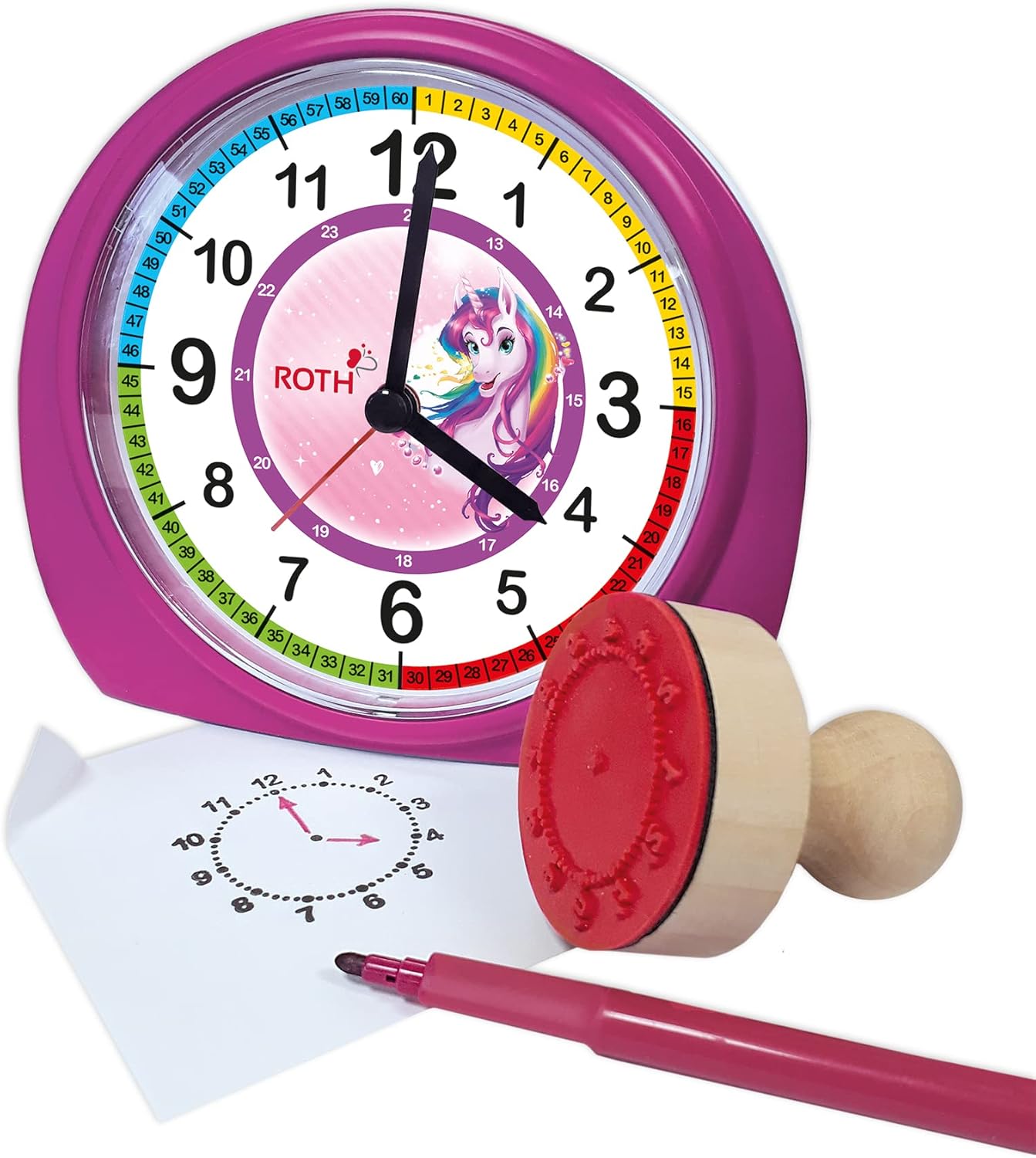 ROTH alarm clock with stamp and paper showing stamped clock face