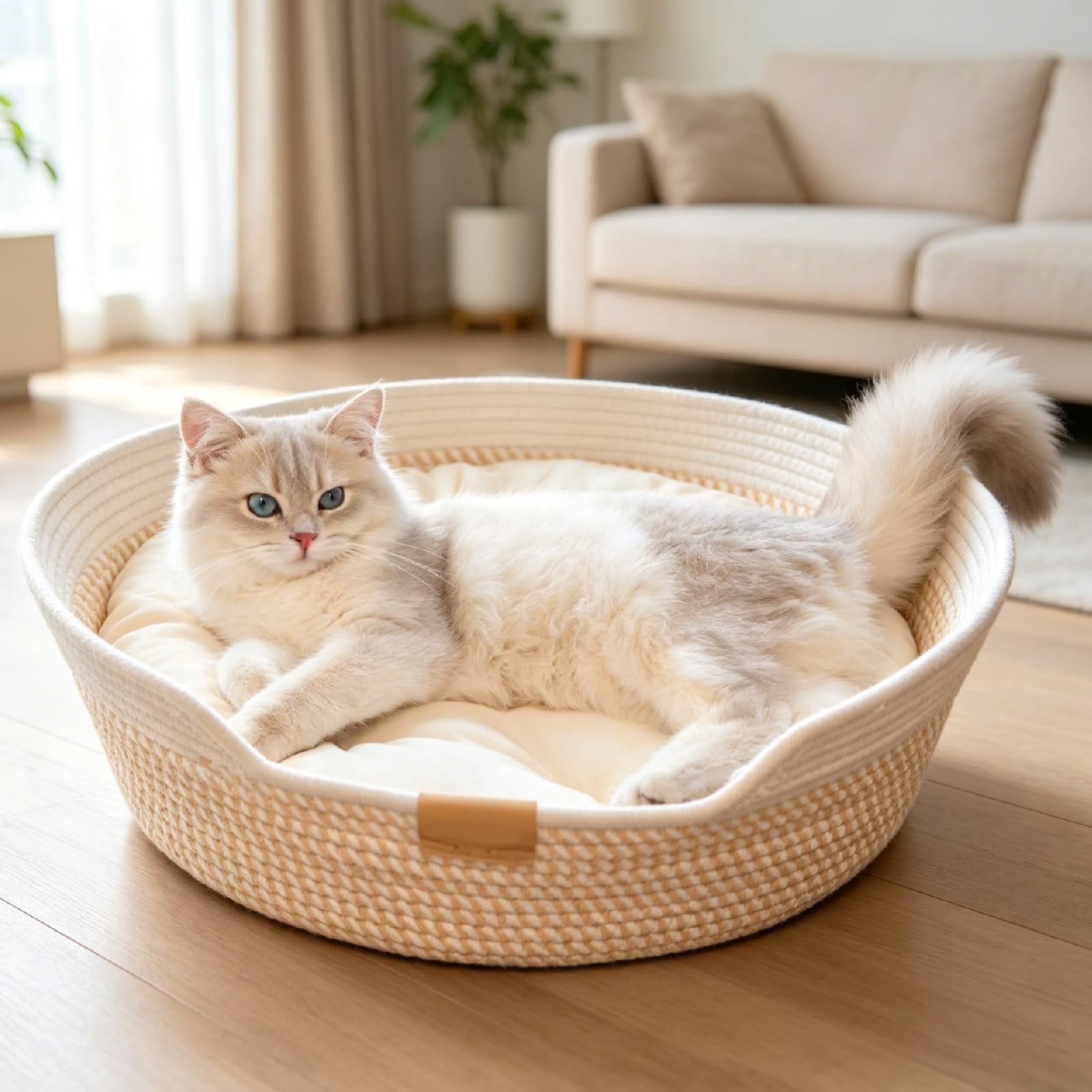 Nid pour Chat, Panier Tressé pour Chat, Cotton Corde Panier, Lit Douillet De Qualité Supérieure, Respirant Lavable pour Tous Les, Toutes Saisons, Universel, 50 * 15cm, Gris Et Kaki