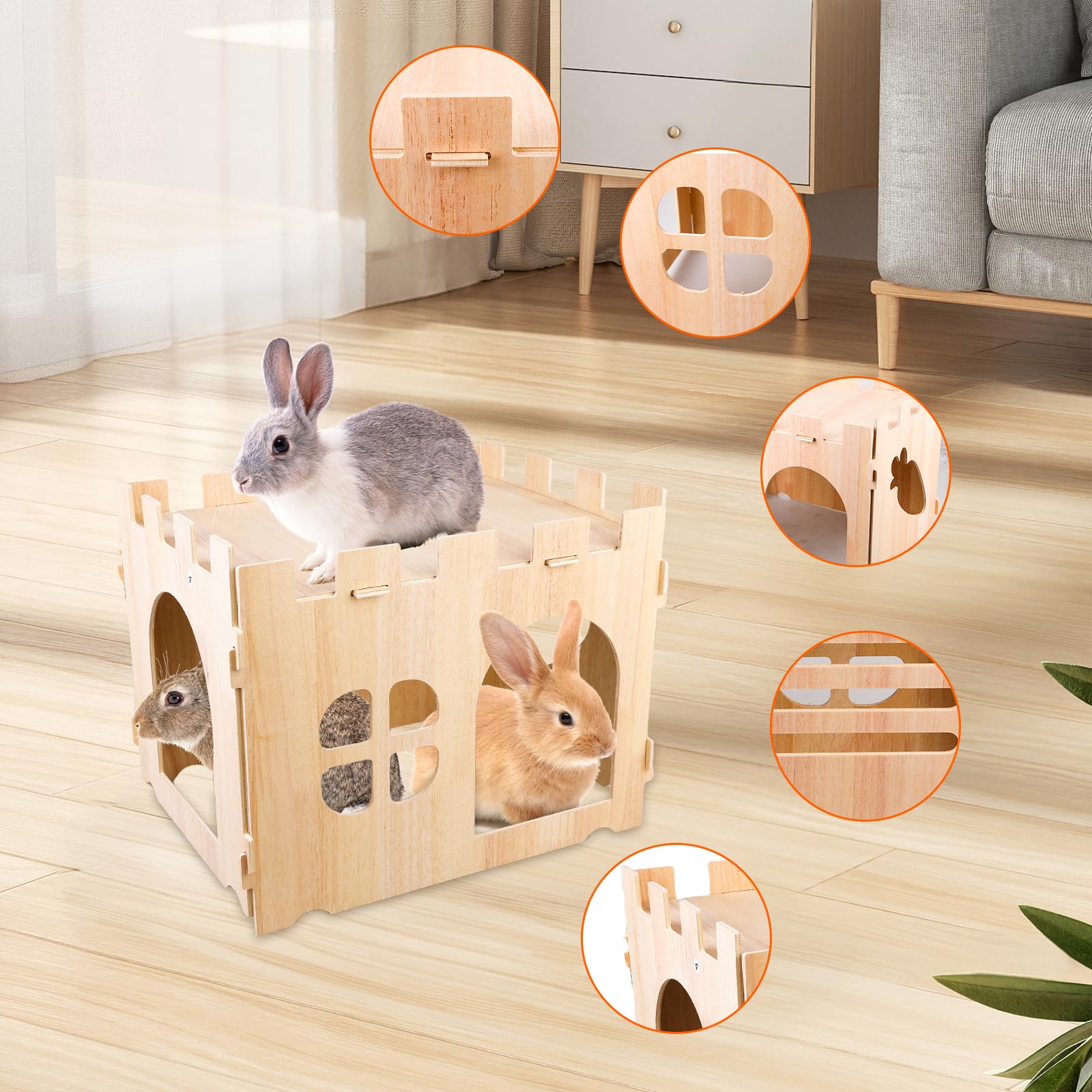 Grande maison pour lapin : grande maison pour lapins pour petits animaux, maison de jeu en bois à cacher, idéale pour les cochons d'Inde, les lapins nains et autres rongeurs (40 x 30 x 30 cm)