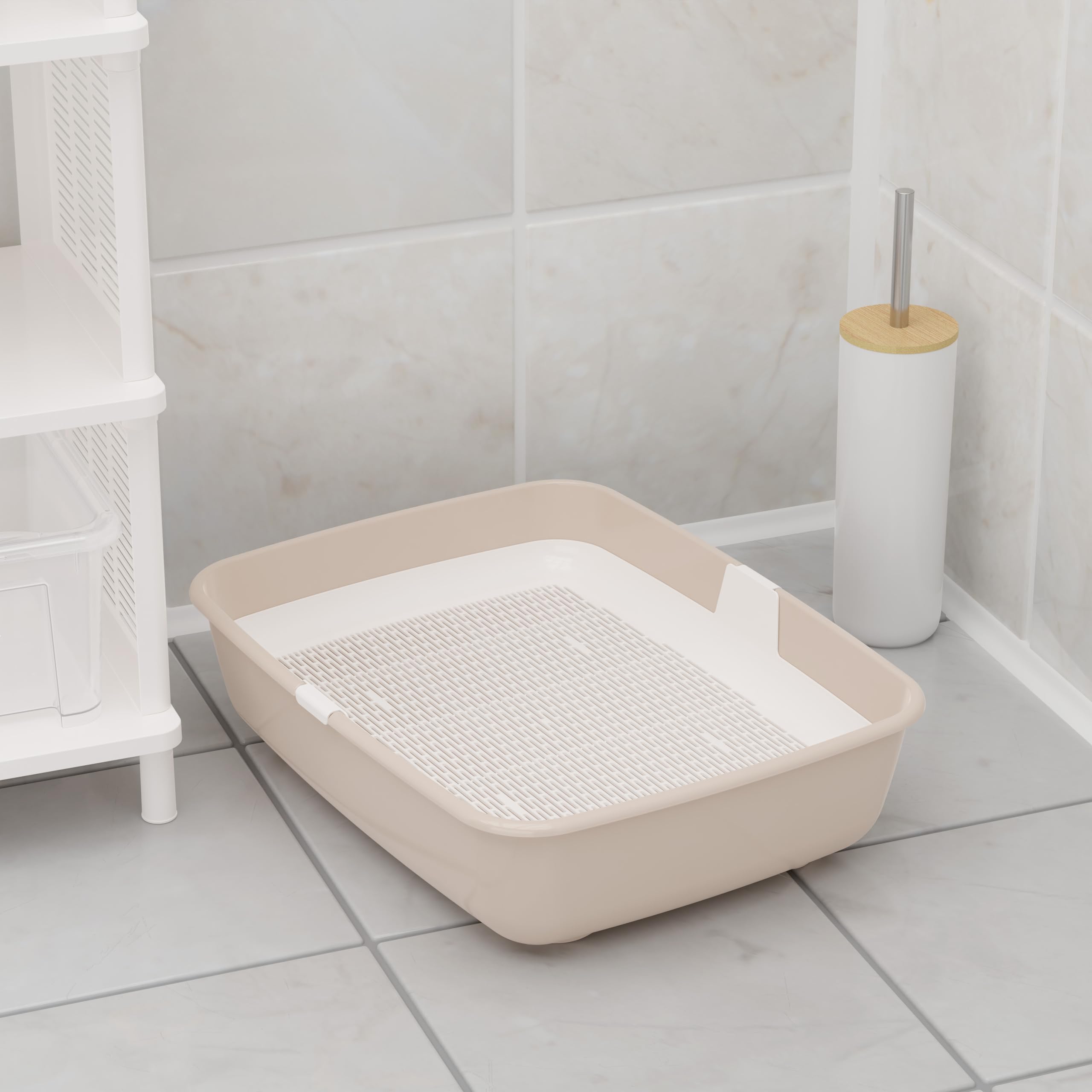 4BIG.fun Set Katzentoilette mit Reinigungssieb und Erste Schalentoilette für Kätzchen Katzenbabys Kaninchen Katzenklo Reinigungssieb Beige