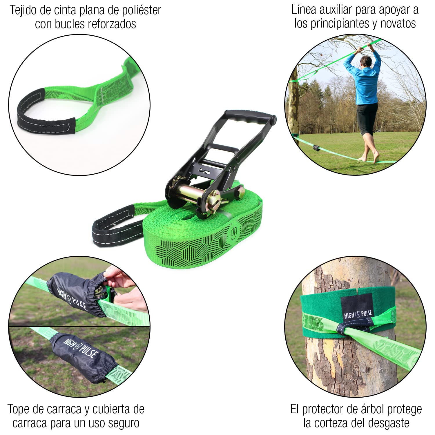 High Pulse Slackline Incl. Instrucciones | 15 m – Set de Slackline con Tensor, Protección de tensores, Cuerda Auxiliar para Principiantes, Protectores de árbol y Bolsa de Transporte
