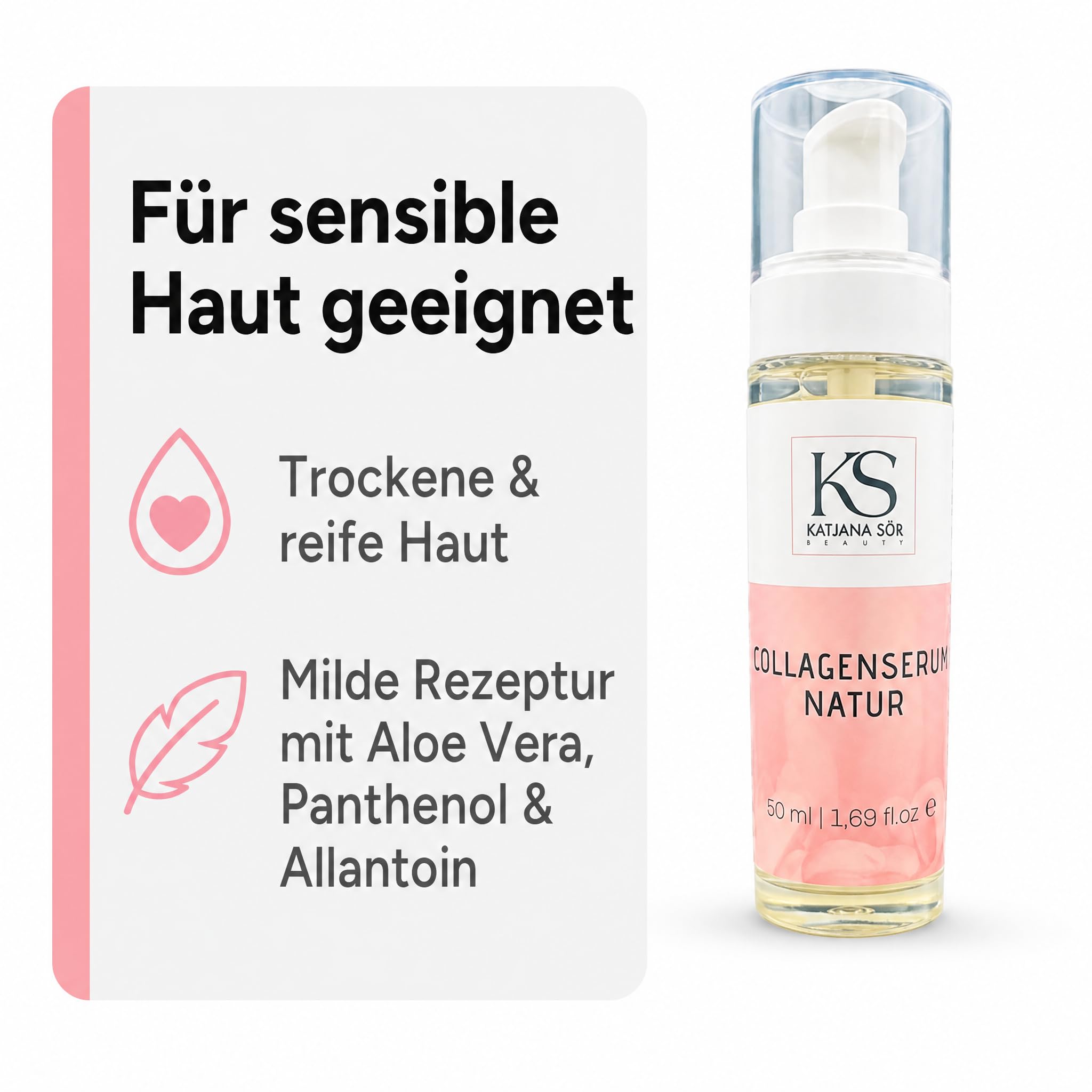 KS Beauty Collagenserum Natur – Hyaluron, Aloe Vera & Rosenöl 50 ml | Feuchtigkeitsserum mit tierischem Kollagen, Aloe Vera & Rosenöl – für trockene, reife und sensible Haut