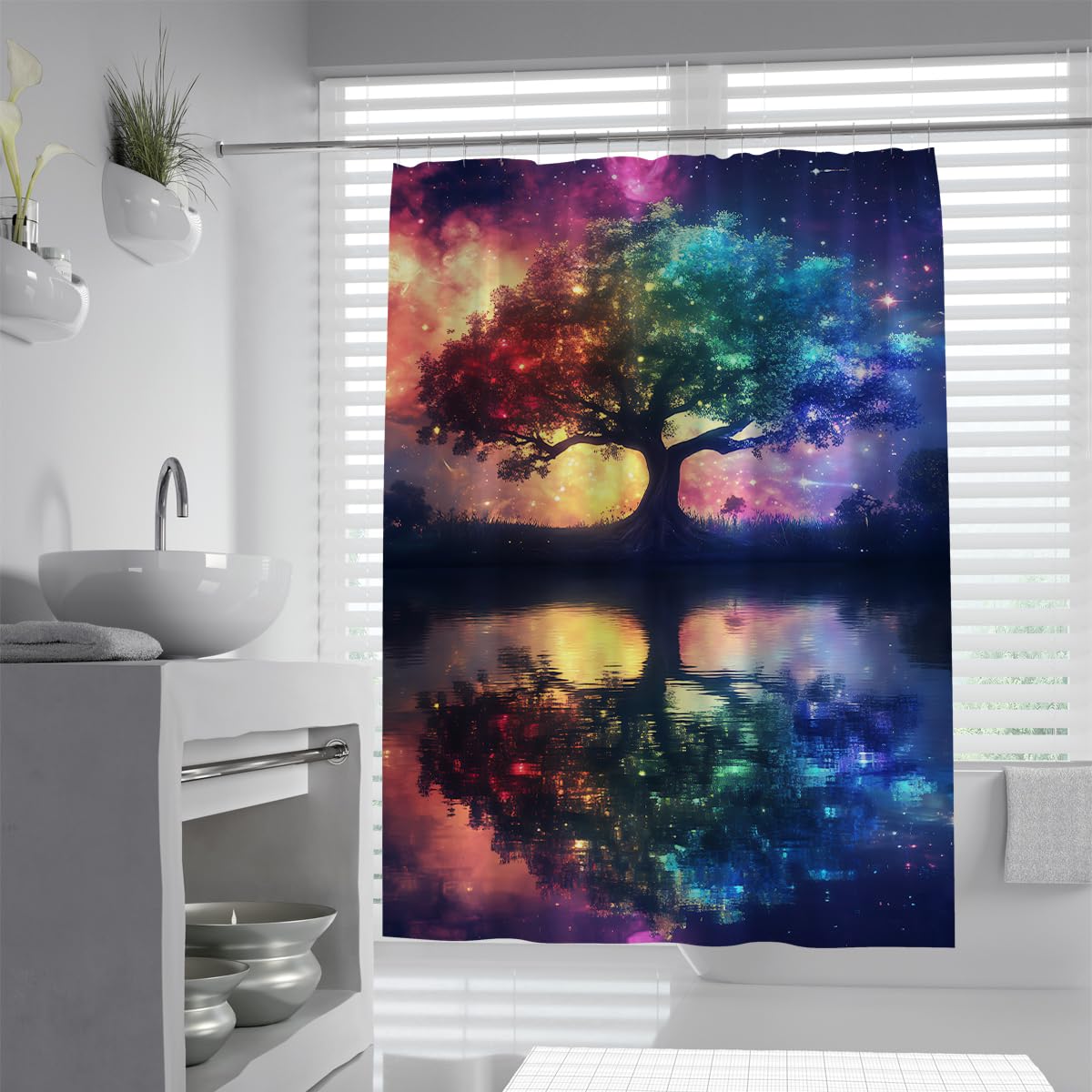 UIRINGART Vintage Botanical Shower Curtains W100xL200cm Magic Tree of Life Rainbow Galaxy Nebula River Reflection Art Machine Washable Bathroom Bathtub Curtain with Hooks