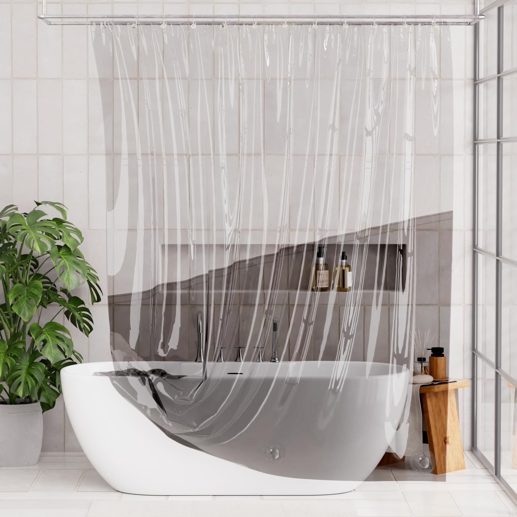 AmazerBath 100% EVA Shower Curtain Liner, 72 x 72 Inches Heavy Duty Shower Curtain and Liner 2-in-1 with 3 Clear Stones and 12 Brass Grommet Holes, Color Block Soft Shower Liner - Clear & Gray