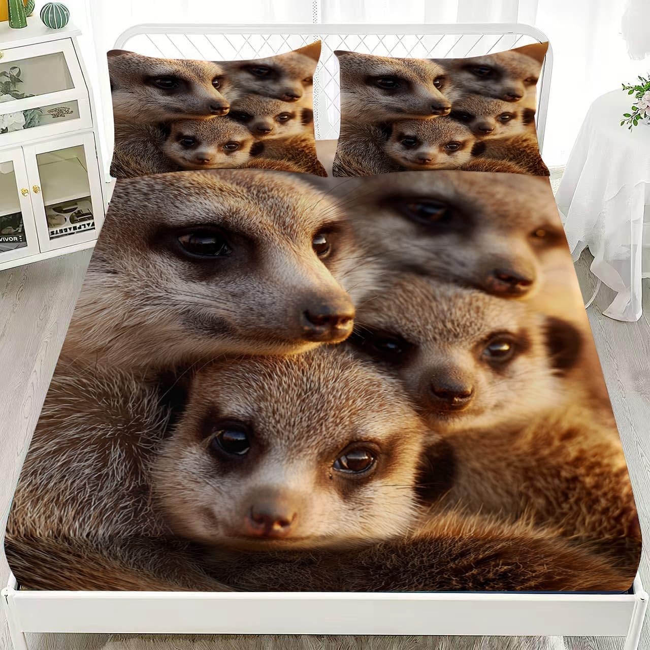 Lot de 3 Draps Housses 200x200 cm Animaux Suricates Doux et Respirant Parure de Lit Draps Housses Brun avec 2 Taies d'oreillers, pour Enfant Adolescent et Adulte