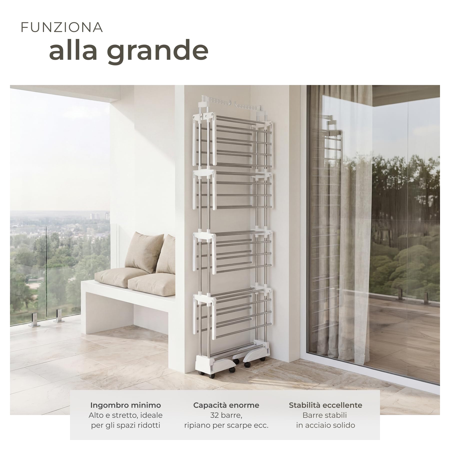 tectake® Stendino Verticale a Torre 125x63x179cm, Stendino da Balcone o Interno, Stendibiancheria 4 Ripiani, Rotelle, Stendibiancheria Pieghevole, Stendipanni Salvaspazio per Bucato, Lenzuola - Bianco