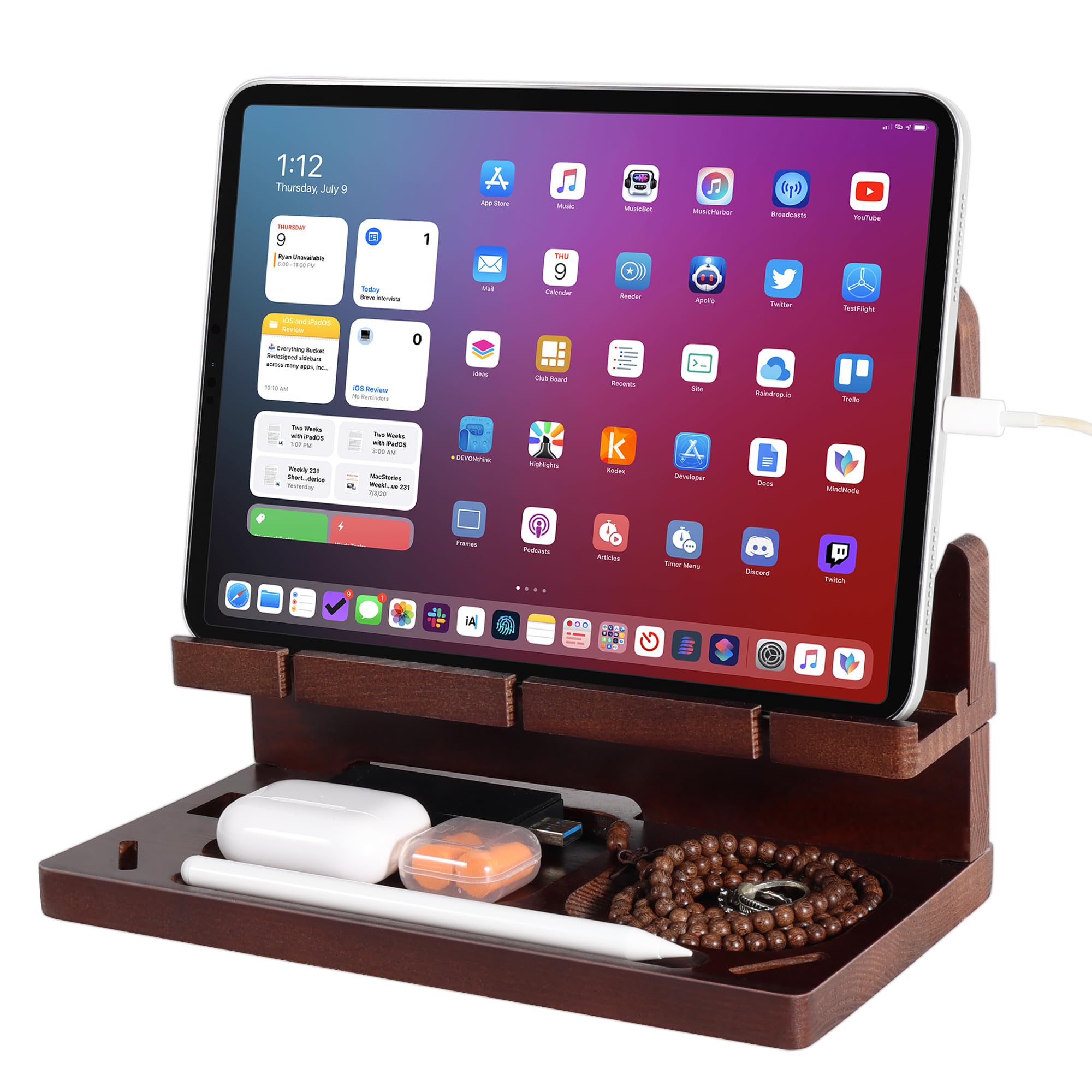 Oraich Station d'accueil de téléphone en bois pour homme, table de nuit et organisateur de bureau, support de charge pour téléphone, montre, portefeuille, clés et essentiels (version standard)