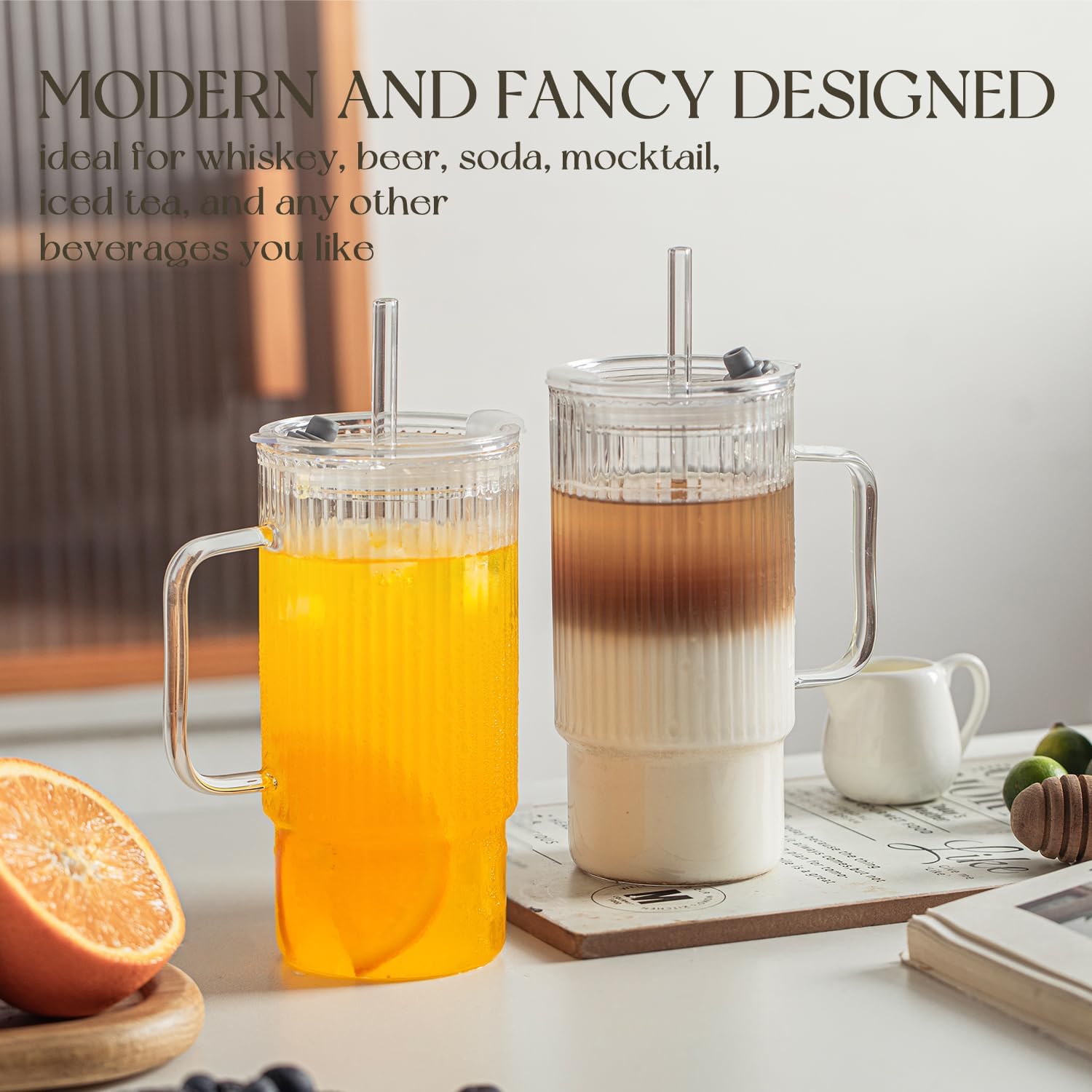 KEMORELA 2PCS 20 Oz Ribbed Glass Tumblers with Lids & Straws – Handle Iced Coffee Cups, Reusable Clear Drinkware for Smoothies & Cold Beverages – Dishwasher Safe - Image 6