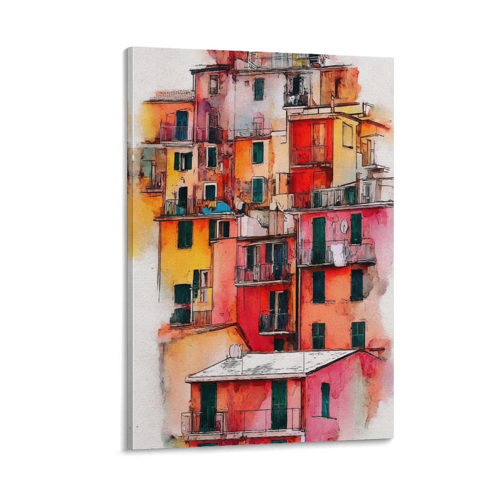 Cnaheiz Frame-Style Manarola Italy 08X12inch(20X30cm) Vintage Travel Poster Watercolor Canvas Art