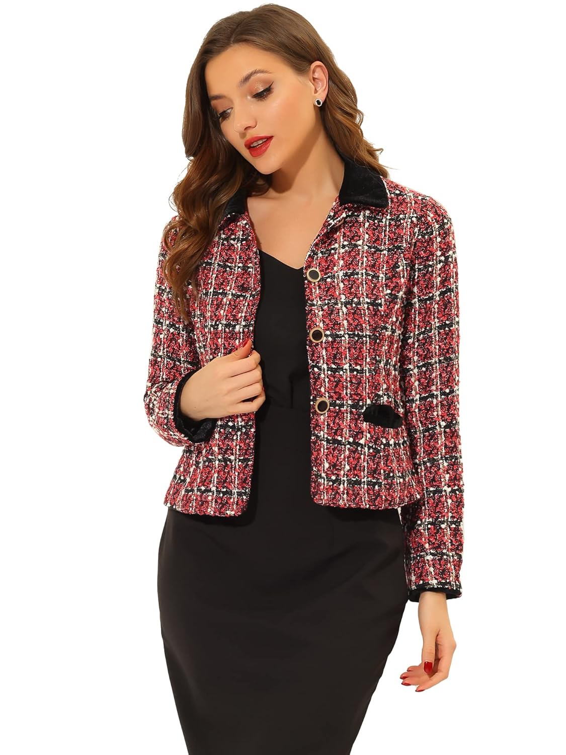 Allegra K Womens Winter Fall Tweed Cropped Suit Blazer Vintage Work Office Short Tweed Jacket Coat