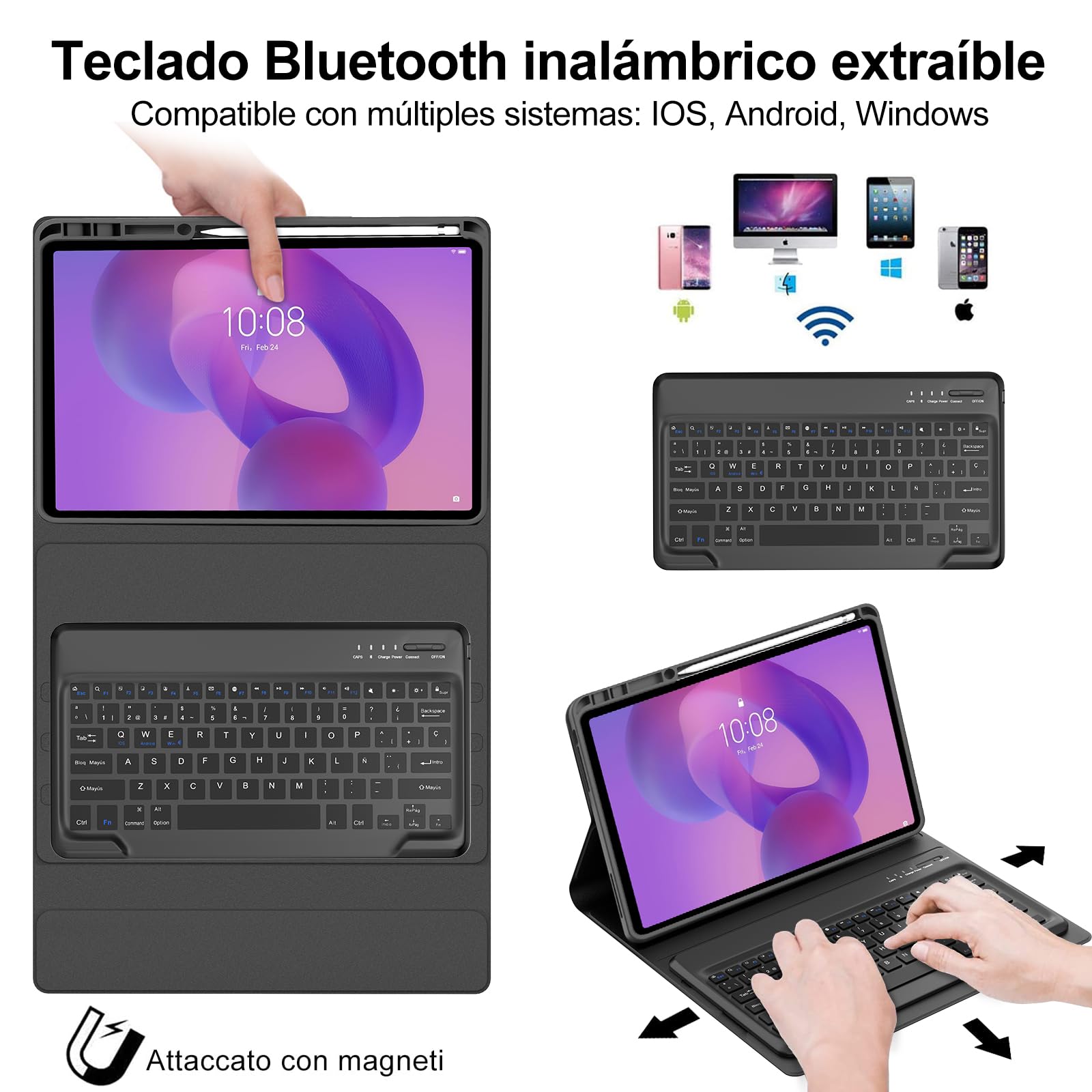 IVEOPPE Teclado para Lenovo Idea Tab Pro 12.7, Funda Teclado Español Bluetooth Magnético Desmontable para Lenovo Idea Tab Pro 12.7 Pulgadas 2025, Negro