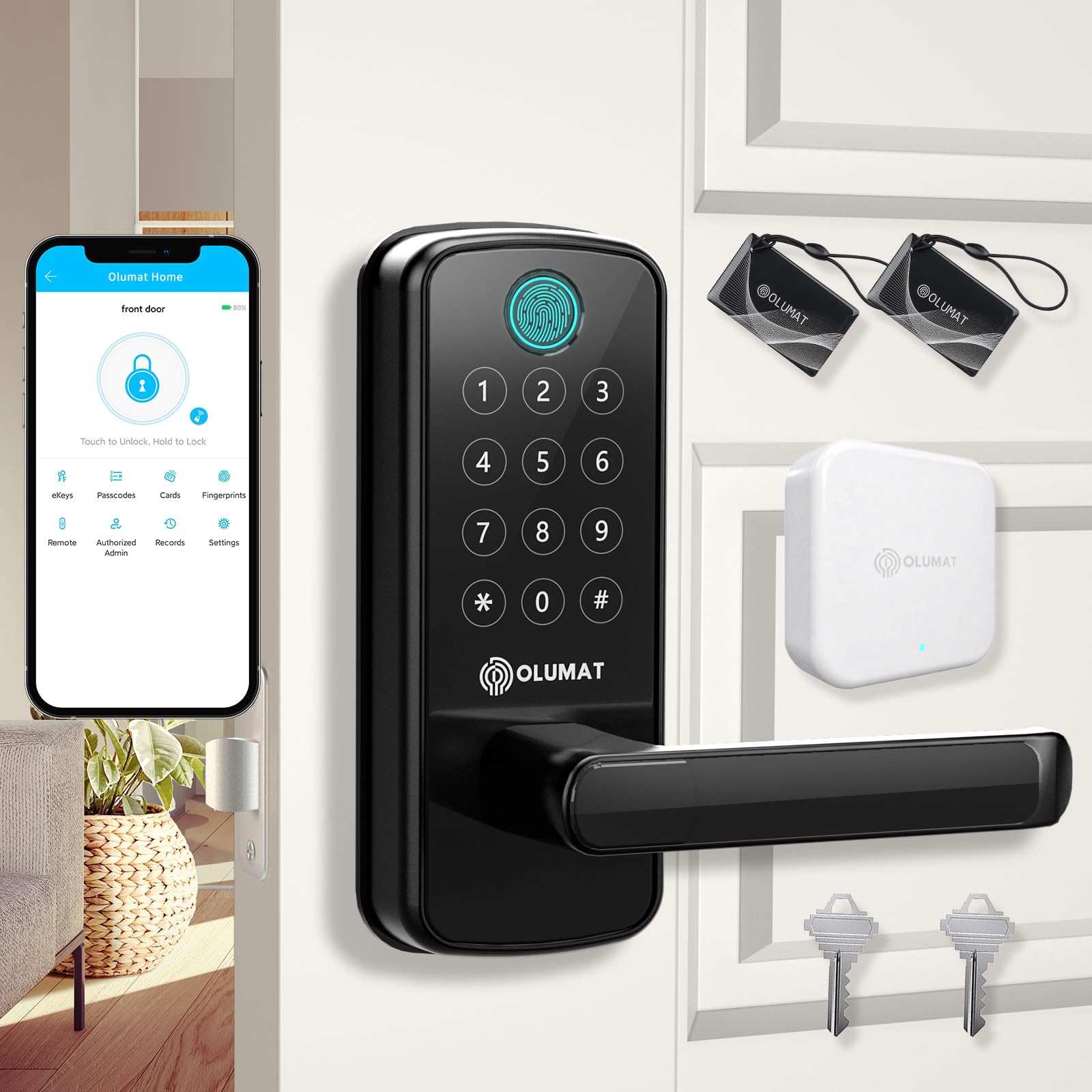 OLUMATSmart Door Lock with WiFi Gateway, Keyless Entry Door Lock with Handle - Smart Locks for Front Door with Keypad - Fingerprint Door Lock with App Control - Auto Lock (Black)