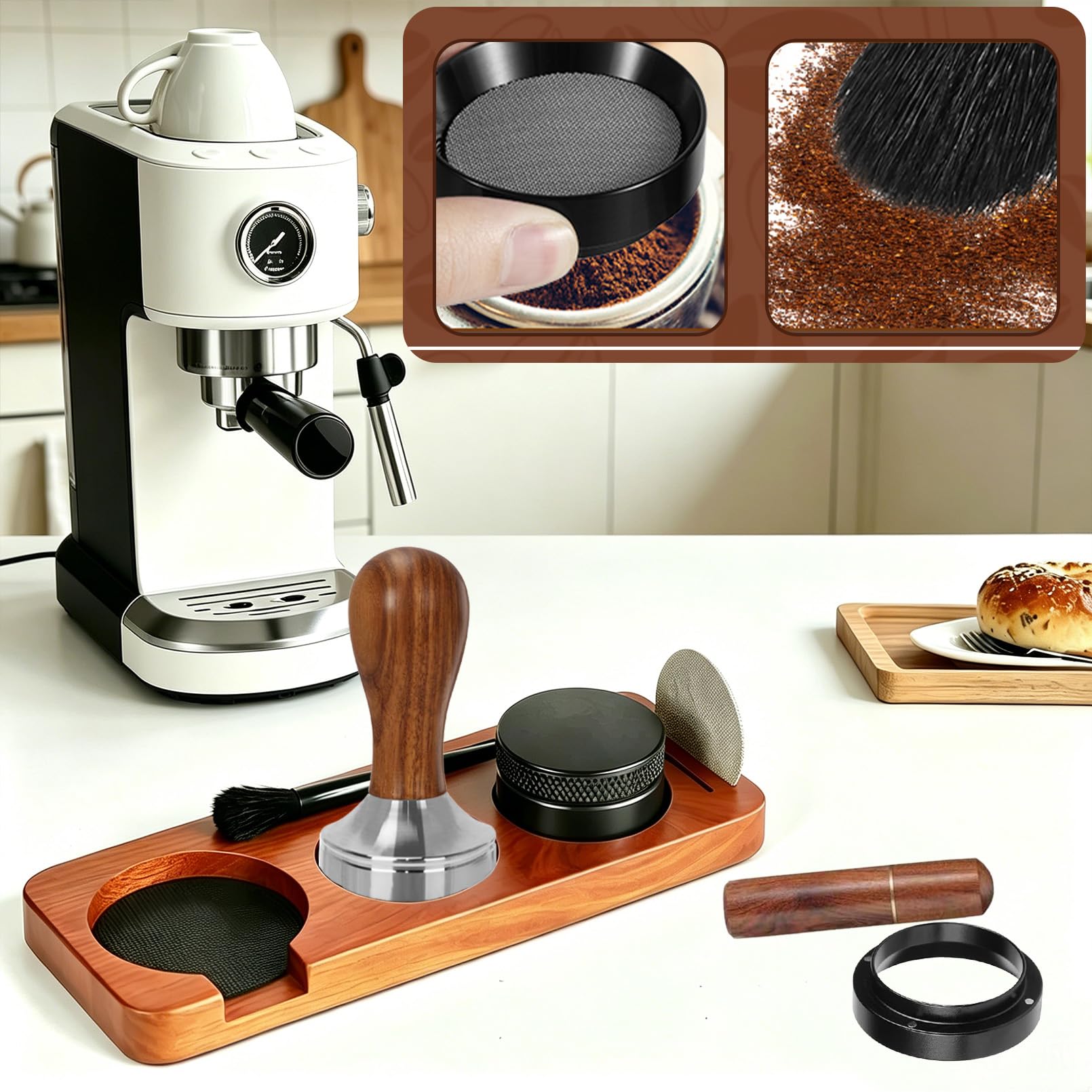 Juego de accesorios para café expreso de 51 mm, juego de 7 piezas – Tamper, distribuidor, anillo dosificador, herramienta WDT, cepillo, pantalla de disco y tamping para portafiltros, juego