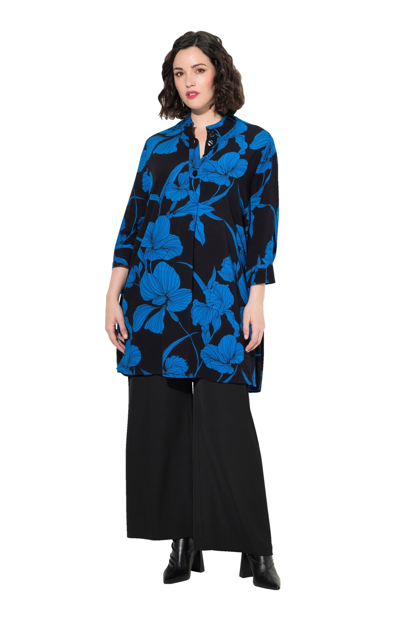 Ulla Popken Damen große Größen Übergrößen Plus Size Tunika, Blüten, A-Linie, Stehkragen, 3/4-Arm 830984