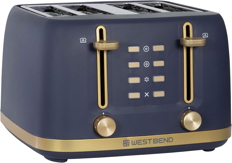 West Bend Timeless Tostadora de 4 rebanadas con 7 niveles de dorado, configuraciones para bagel/wafle/descongelación, palanca de elevación alta, antiatasco, bandeja para migas de fácil limpieza, 4 rebanadas, azul/dorado