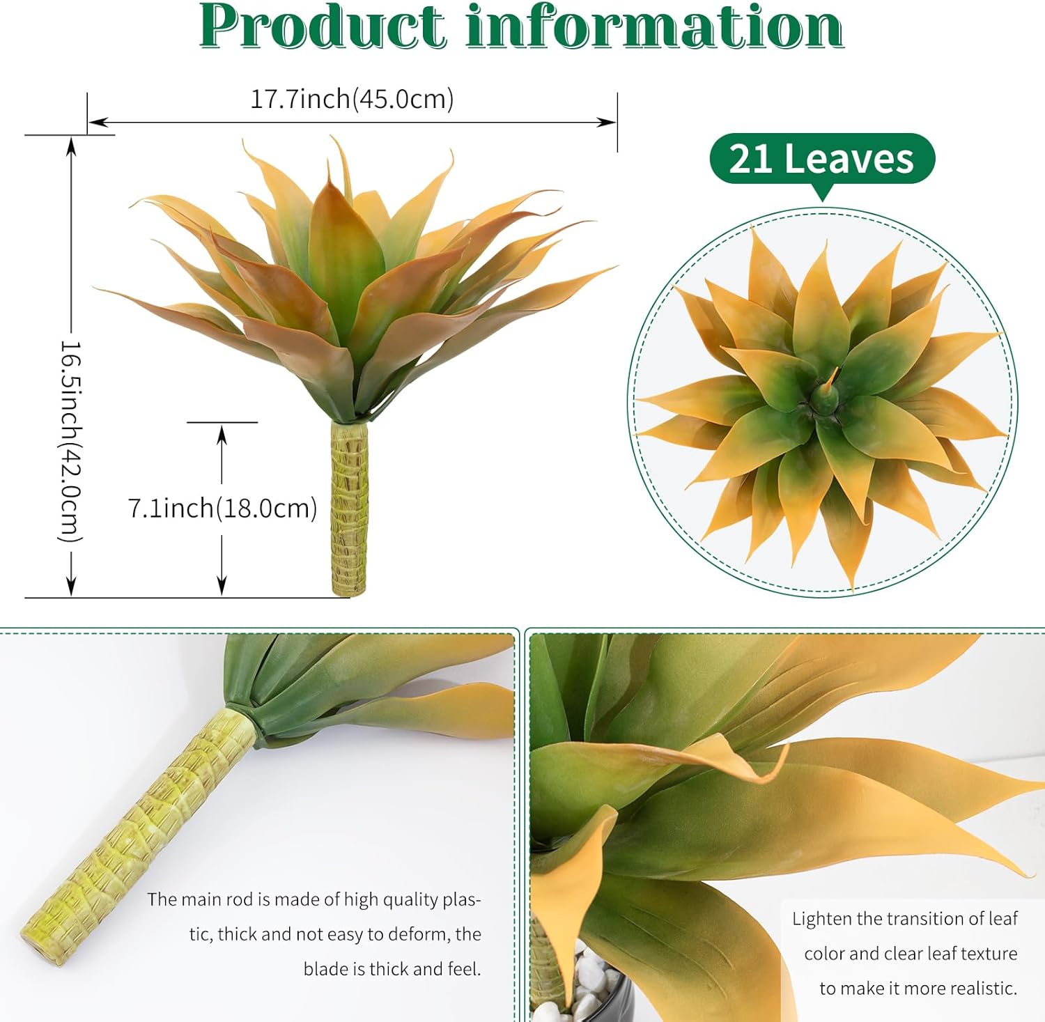 2Pack Fake Agave Plants 18 Inch Large Artificial Succulents Realistic UV Resistant Faux Aesthetic Plants for Outdoors Tropical Plant Greenery for Home Garden Front Porch Decor - 21Leaves, Yellow - Image 2