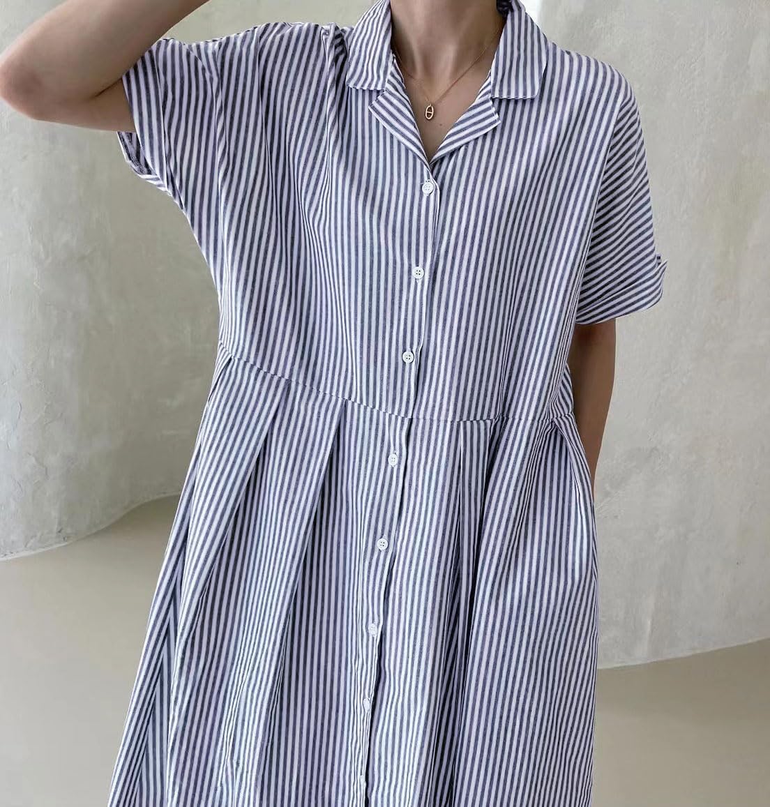 chouyatou Women's Cotton Striped Shirt Dress Button Up Short Sleeve Midi Long Shift Dress with Pockets - Image 2