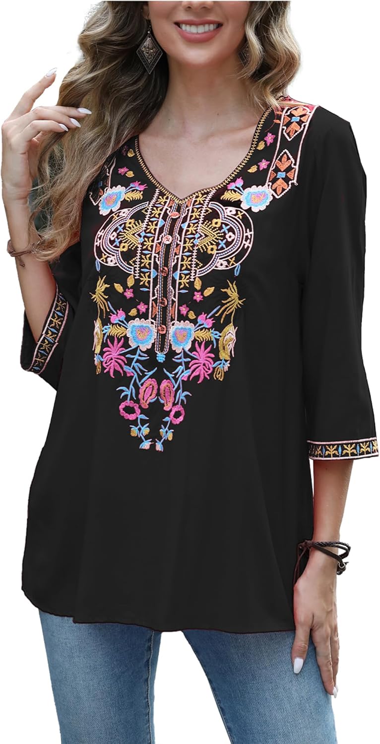 Grosy 3/4 Sleeve Embroidered Bohemian Tops for Women Boho Hippie Clothes Mexican Peasant Blouses Western Shirts Tunic