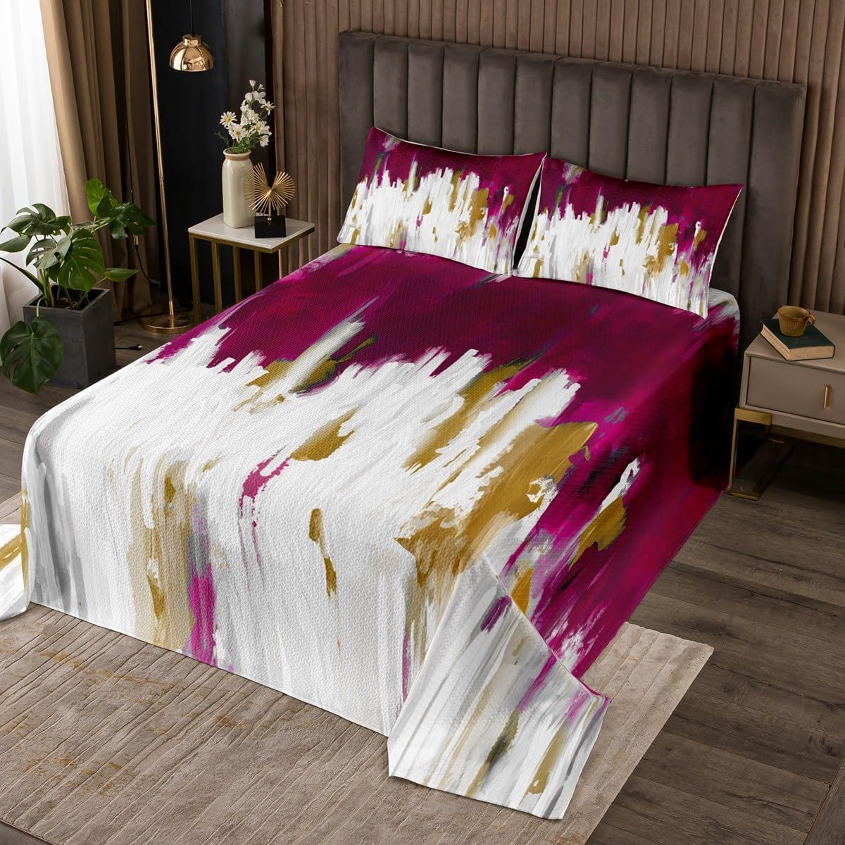Erosebridal Hot Pink Bedspread Set Queen,Chic Modern Abstract Coverlet Set Graffiti Vintage Quilt Set,Brush Strokes Oil Painting Ombre Style Room Decor