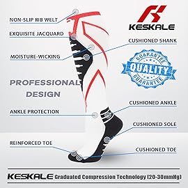 Keskale Compression Socks for Men & Women 20-30 mmHg Knee High (1 Pair) - Best Support for Medical, Athletic, Sports, Travel, Running (White, L/XL)