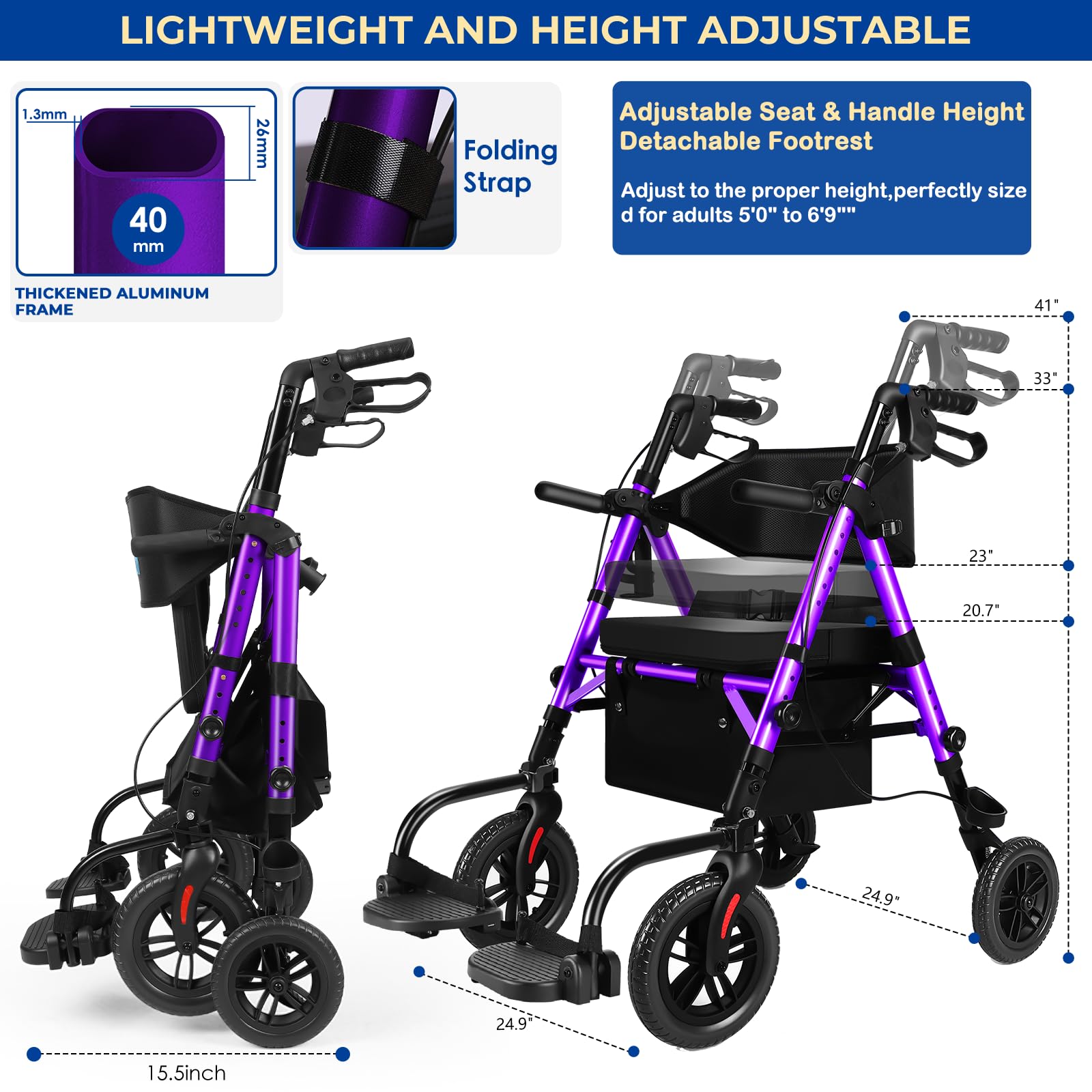 Foldable Rollator Walker for Seniors with Seat, Lightweight 2 in 1 Rolling Walkers Wheelchair Combo for Adult, Transport Chair with Brakes, Adjustable Seat and Handle, 300 Lb. Weight Capacity, Purple