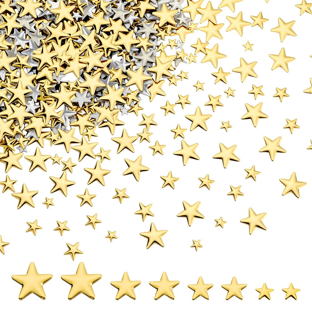 NBEADS 1200 Pcs Star Hotfix Iron On, 5.5/7.5/9/12.5mm Star Embellishments Aluminum Hotfix Iron on Flat Back Metal Studs for Clothing DIY Craft Accessory, Gold