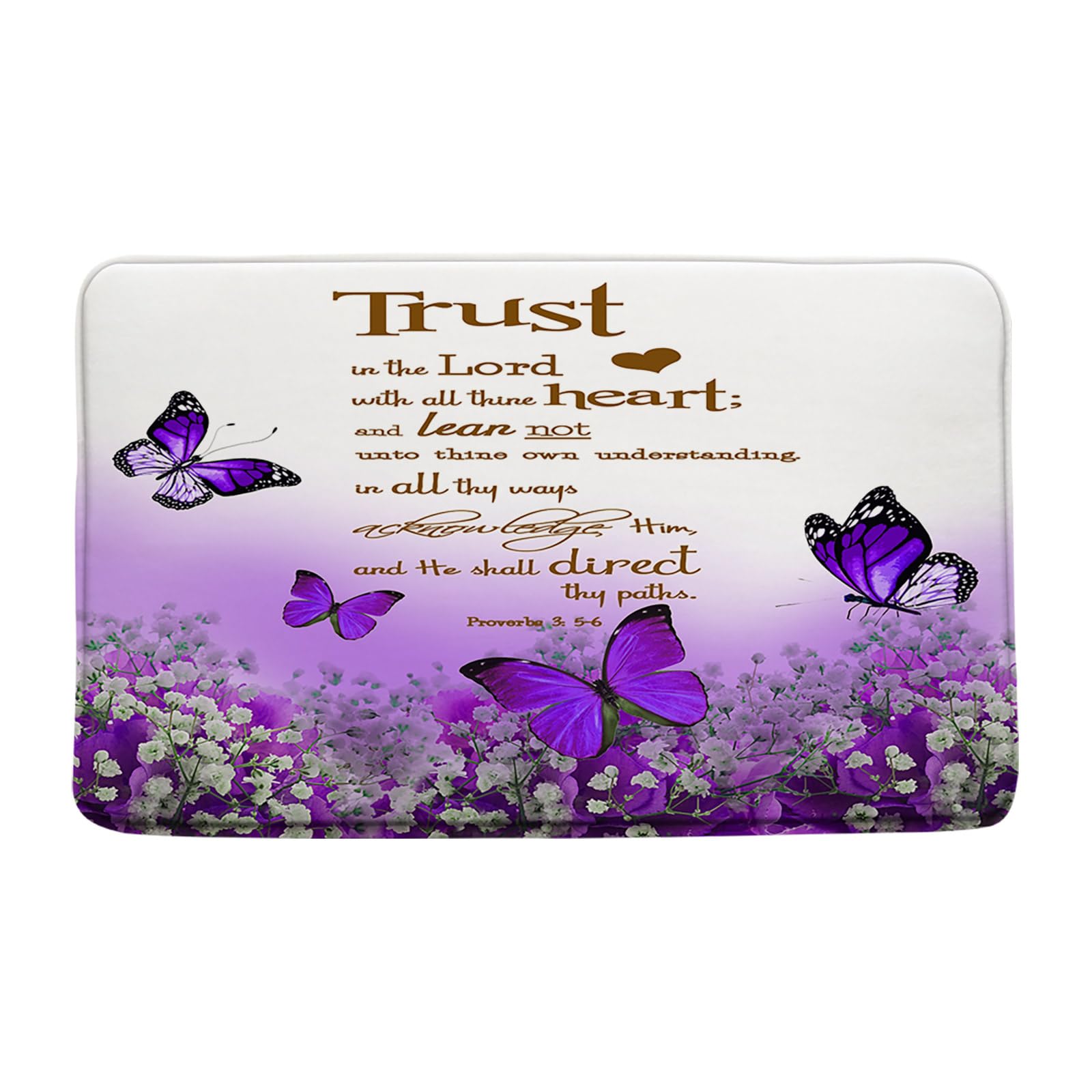 AMHNF Inspirational Quote Trust in The Lord Bath Mat Purple Flower Butterfly Motivational Words Elegant Nature Creative Modern Art Bathroom Doormat Kitchen Toilet Floor Rug