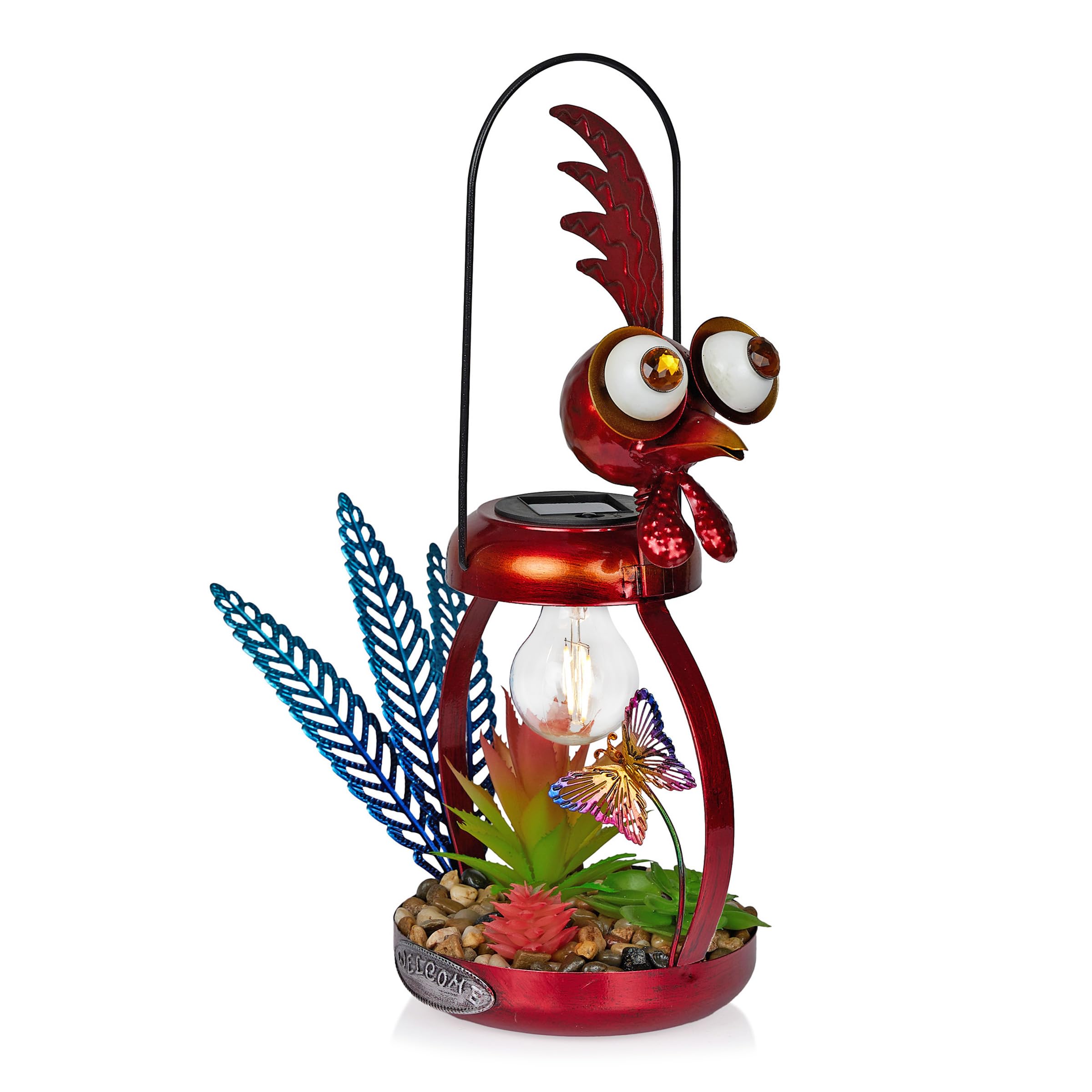Alpine CorporationLYT286SLR-HH Solar-Powered Metal Rooster w/Garden Enclosed LED Light Decor, Solar Patio Decor, 16''H, Red