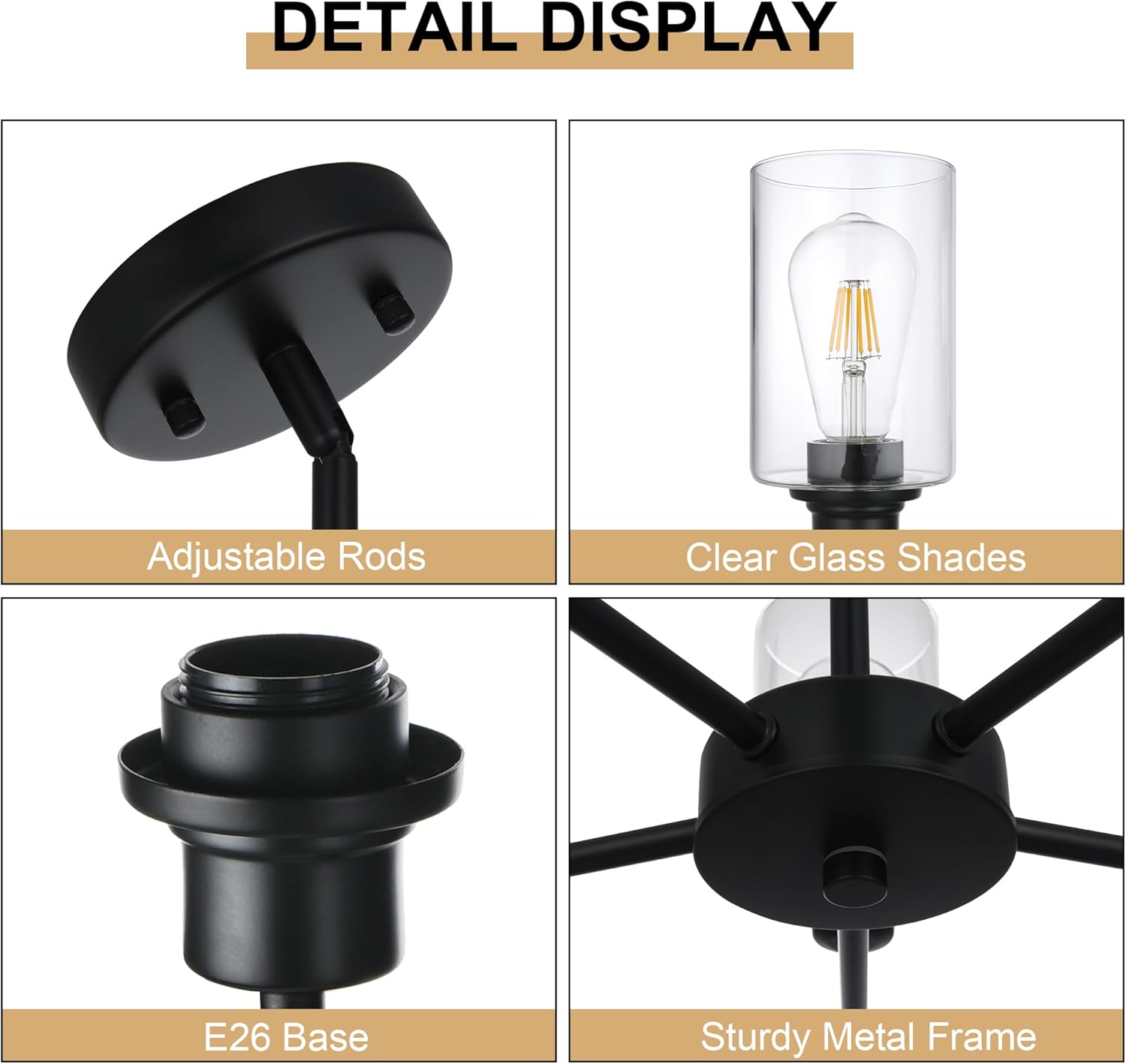 5-Light Modern Black Chandelier with Clear Glass Shades, E26 Base Farmhouse Pendant Light Fixture, Adjustable Swivel Heads Ceiling Lighting, Industrial Chandelier for Dining Room Kitchen Hallway