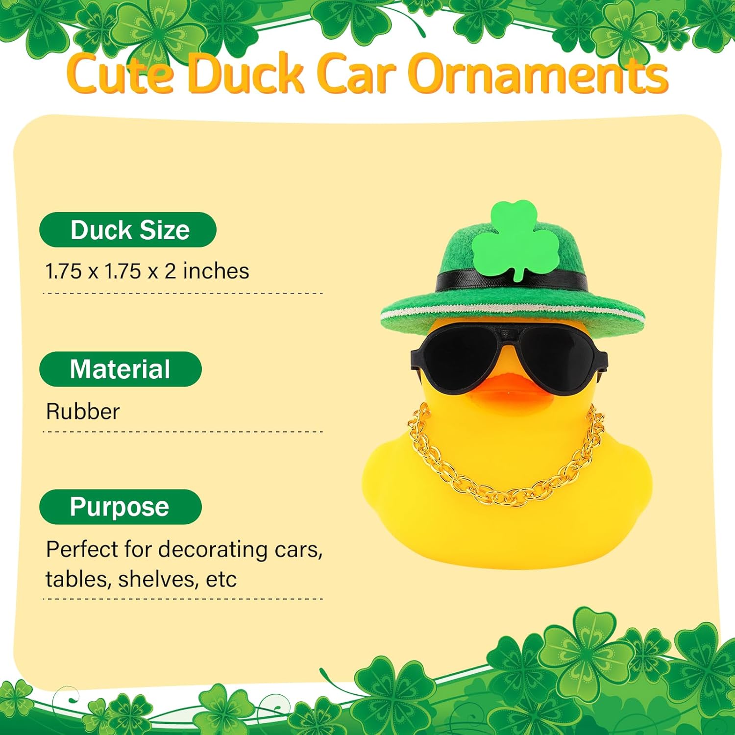 wonuu St. Patrick's Day Car Decorations Rubber Duck, Dashboard Green Shamrocks Hat Ducky for Car Ornament Accessories Ducks with Glasses, Chain (Black Band-No Bow Tie)