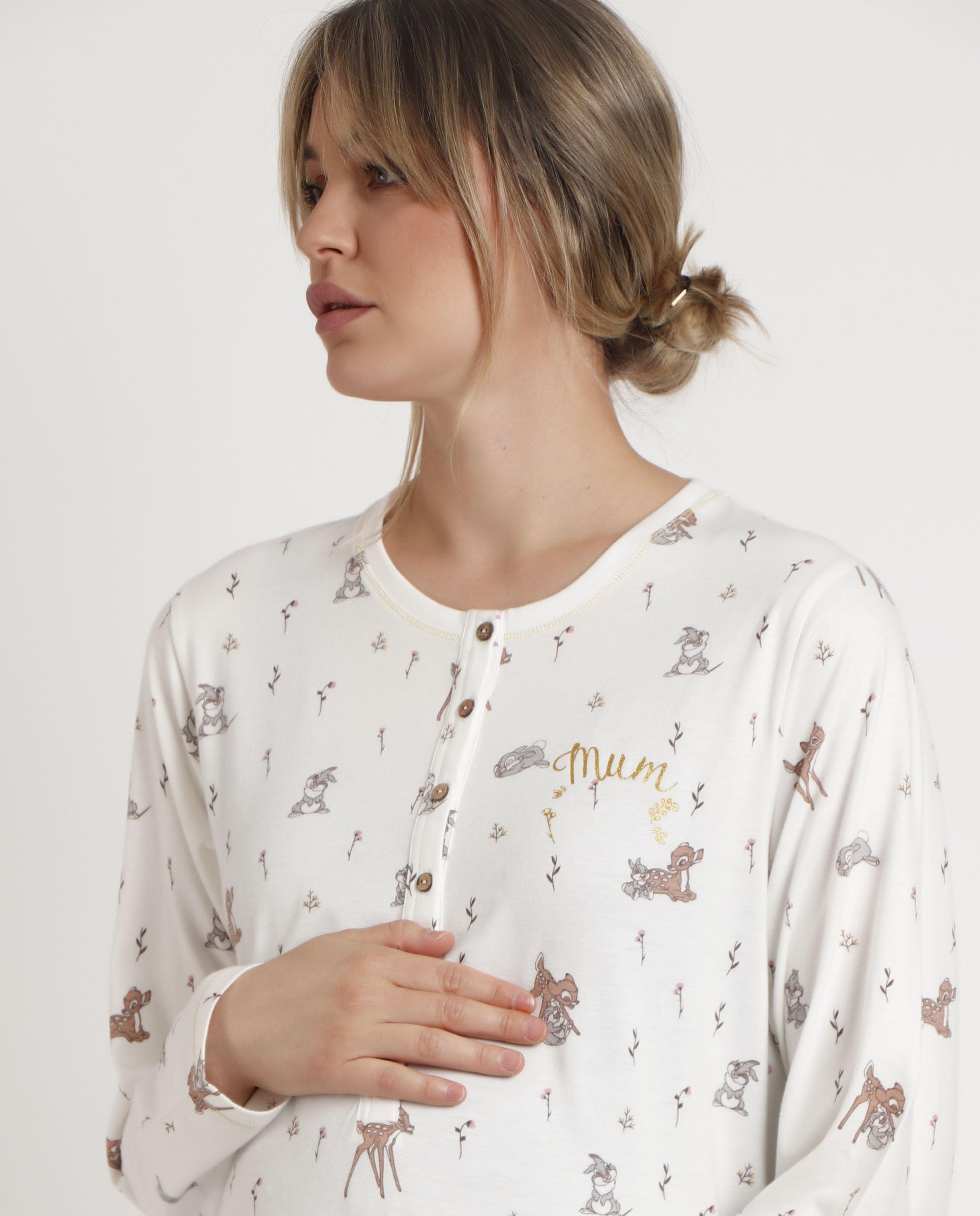 Disney camisón Mujer Invierno 95% algodón, 5% Elastano – camisón de Mujer Maternity Bambi con Manga Larga y Cuello Redondo, Punto Suave con Estampado Oficial, Color Gris, Talla XXL