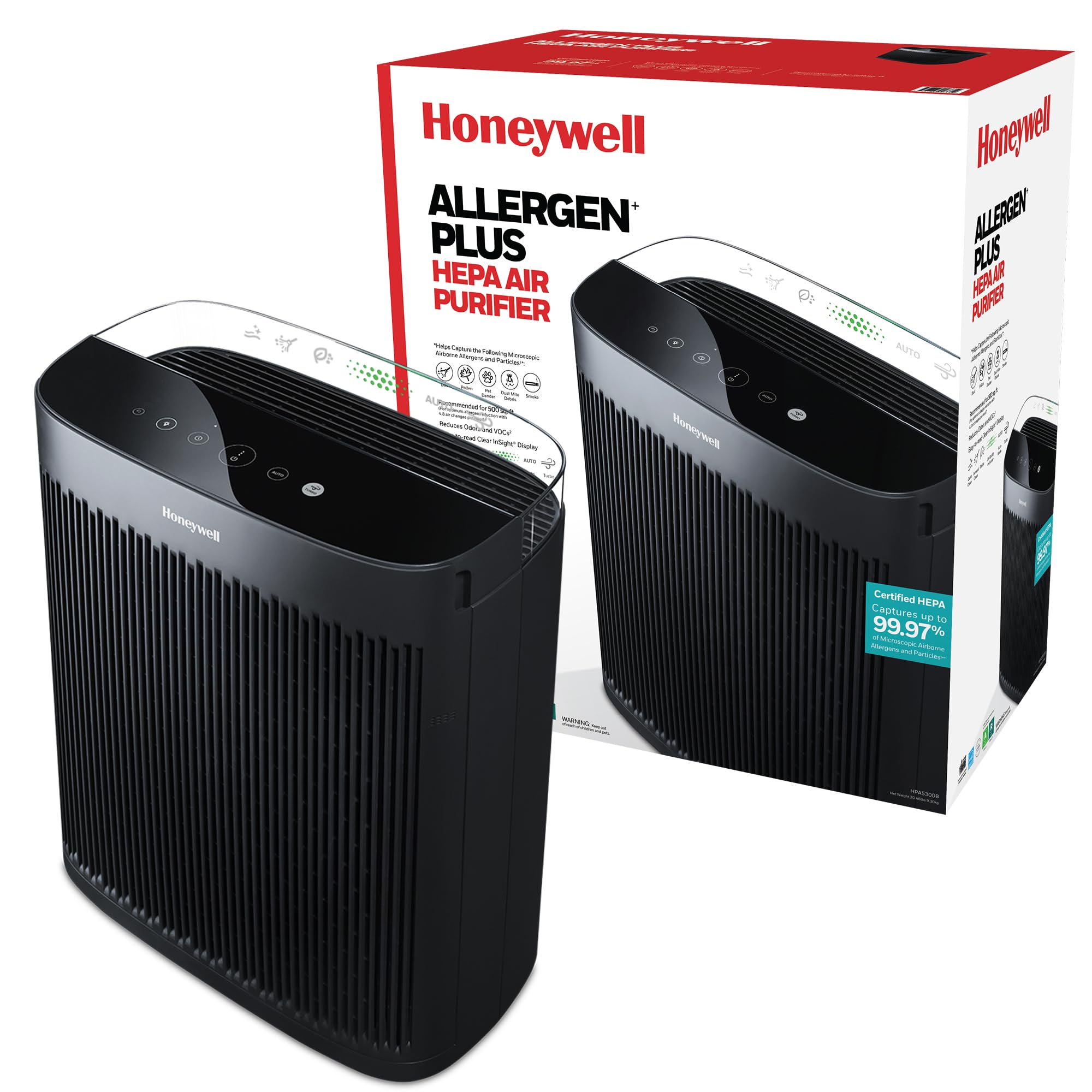 HoneywellHPA5300 InSight HEPA Air Purifier with Air Quality Indicator and Auto Mode, Allergen Reducer for Extra-Large Rooms (500 sq ft), Black - Wildfire/Smoke, Pollen, Pet Dander & Dust Air Purifier
