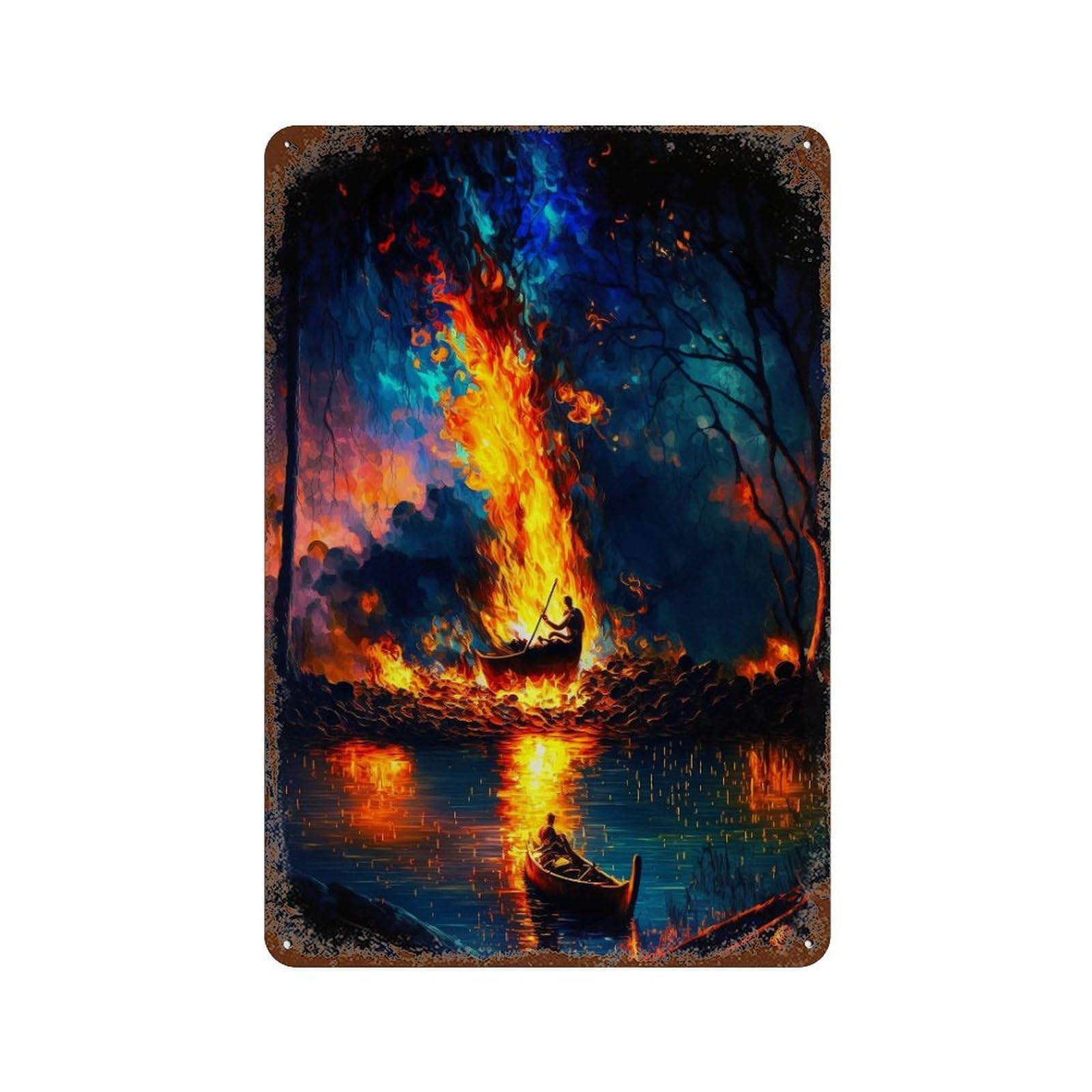 Weathered Tin Sign Magical Forest Fire Scene 11.8"x7.9", Novelty Wall Decor for Basement, Hobby Room And Garage Decor